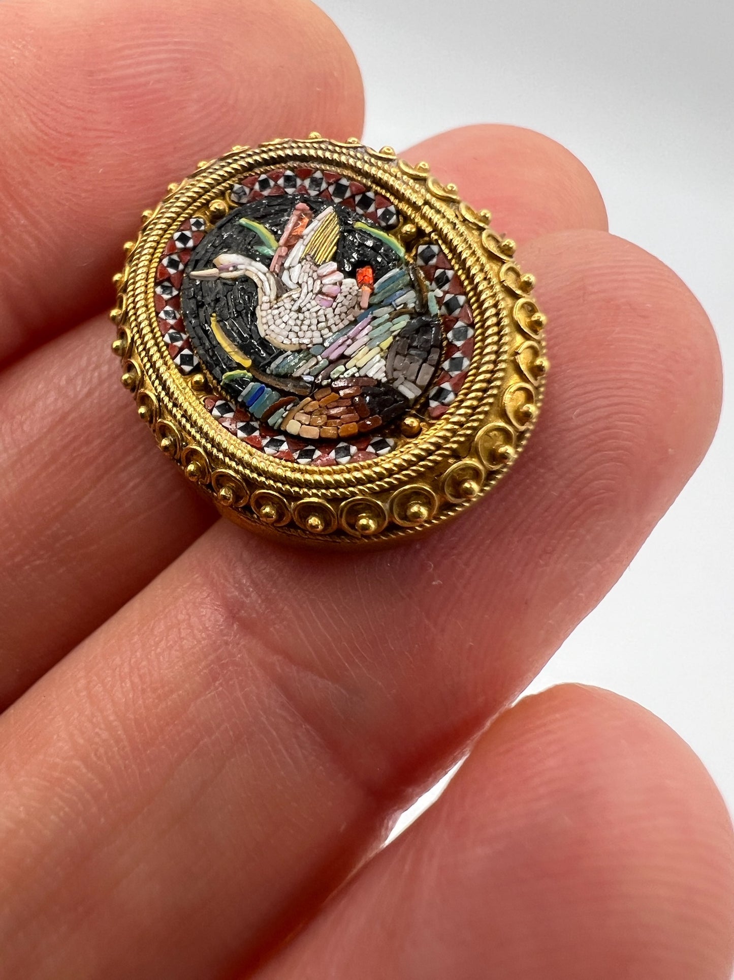 Antique Micromosaic Swan Bird Brooch Pin in Gold Cannetille Frame in Style of Carlo Giuliano