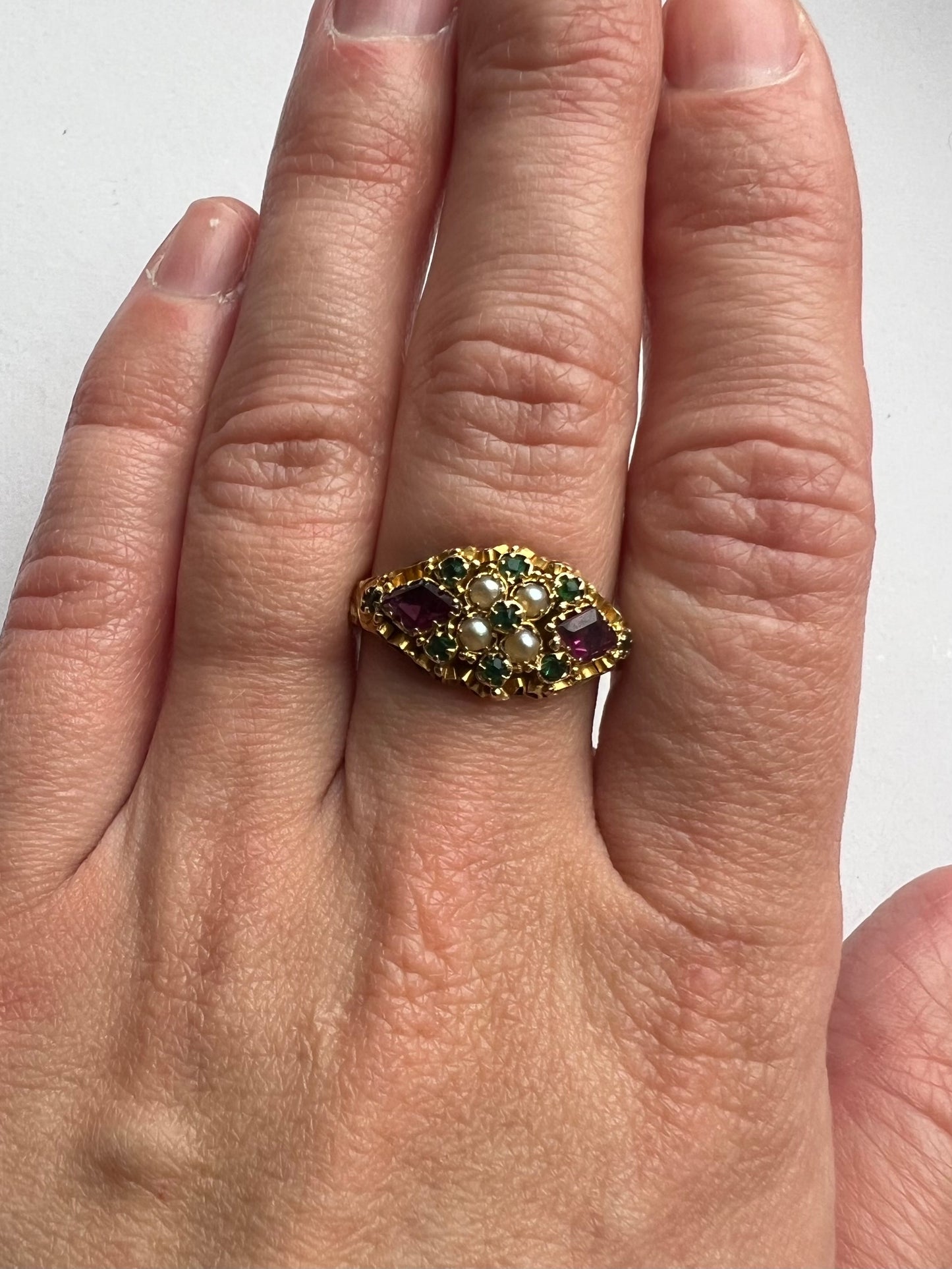 Antique 15ct Gold Pink Green Garnet Pearl Engraved Ring