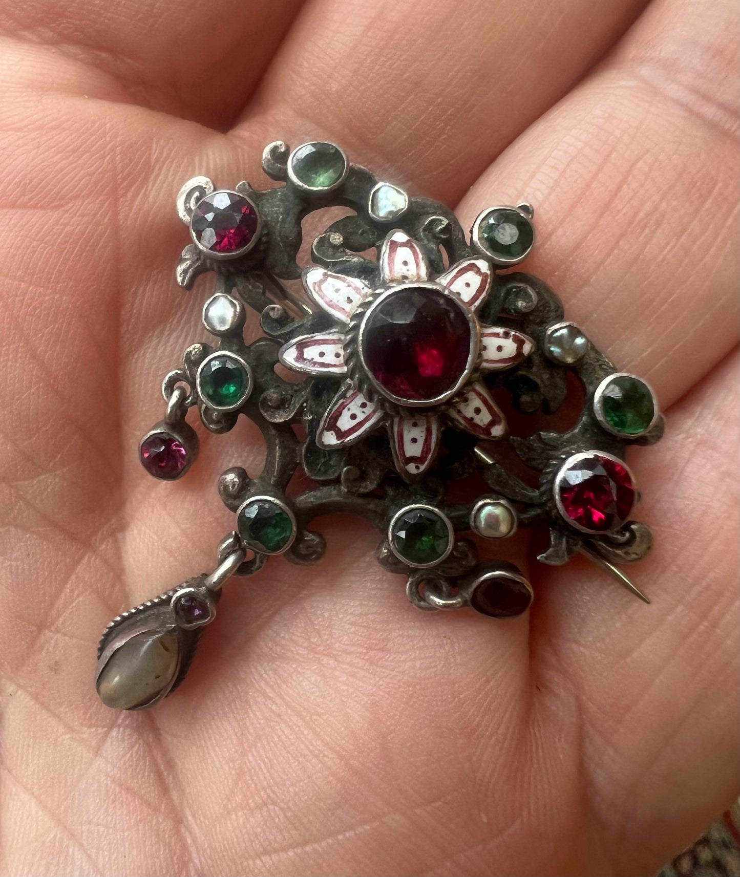 Austro Hungarian Antique Green Pink Tourmaline & Enamel Brooch