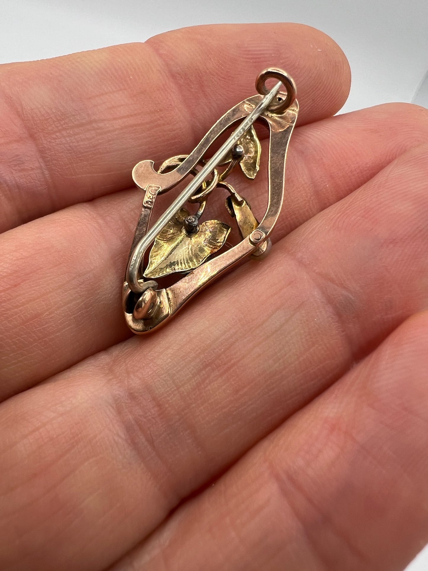 Art Nouveau Enamel Pearl Ruby Gold Brooch Pin