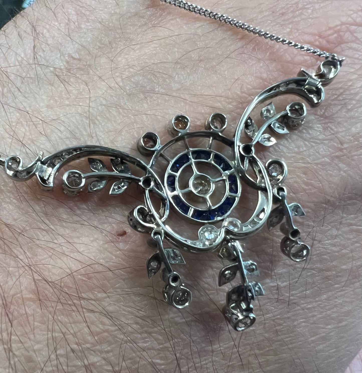 Antique Belle Époque diamond 18ct White Gold Sapphire Lavalier Necklace