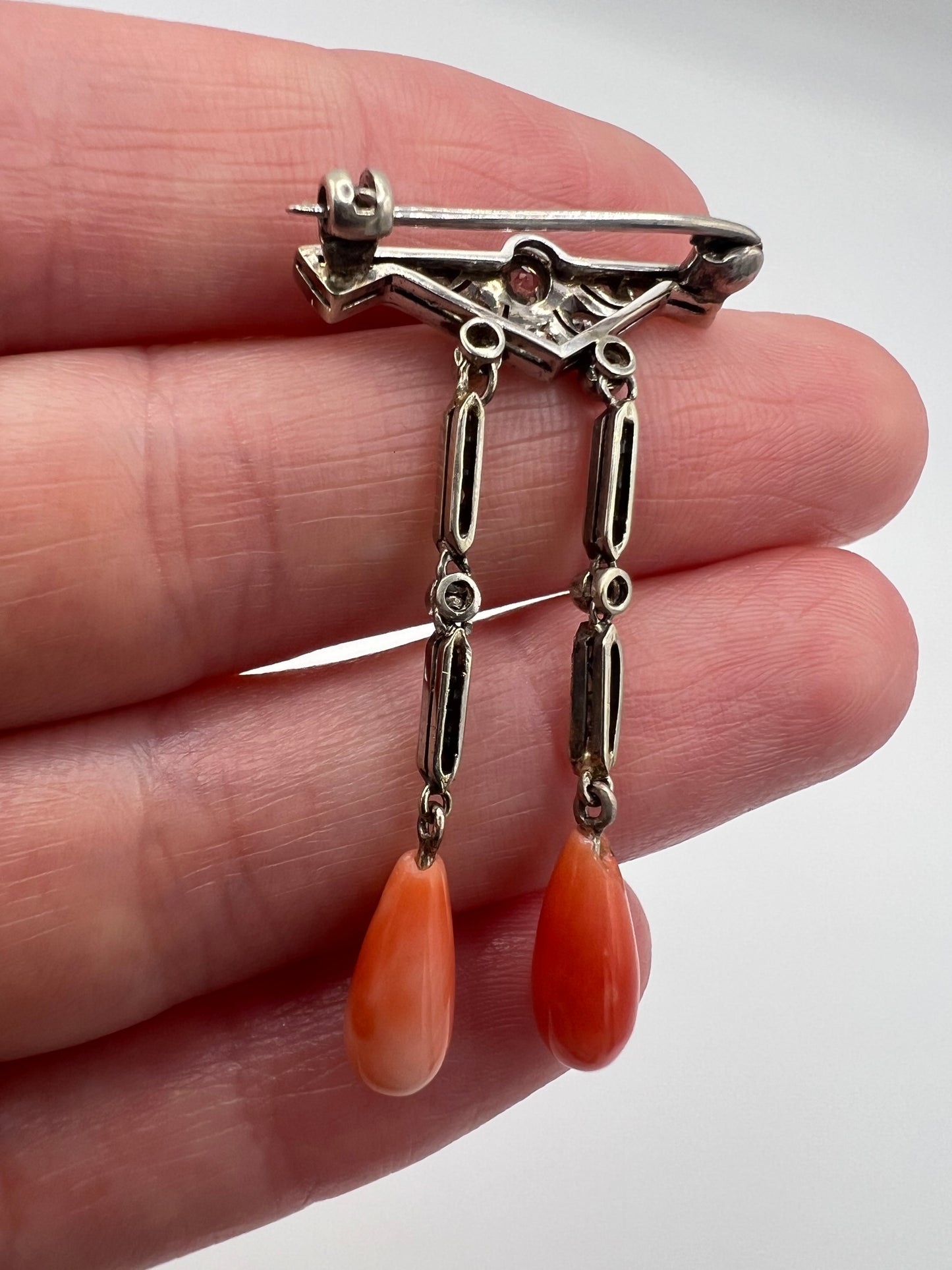 Art Deco Platinum Diamond Coral Brooch