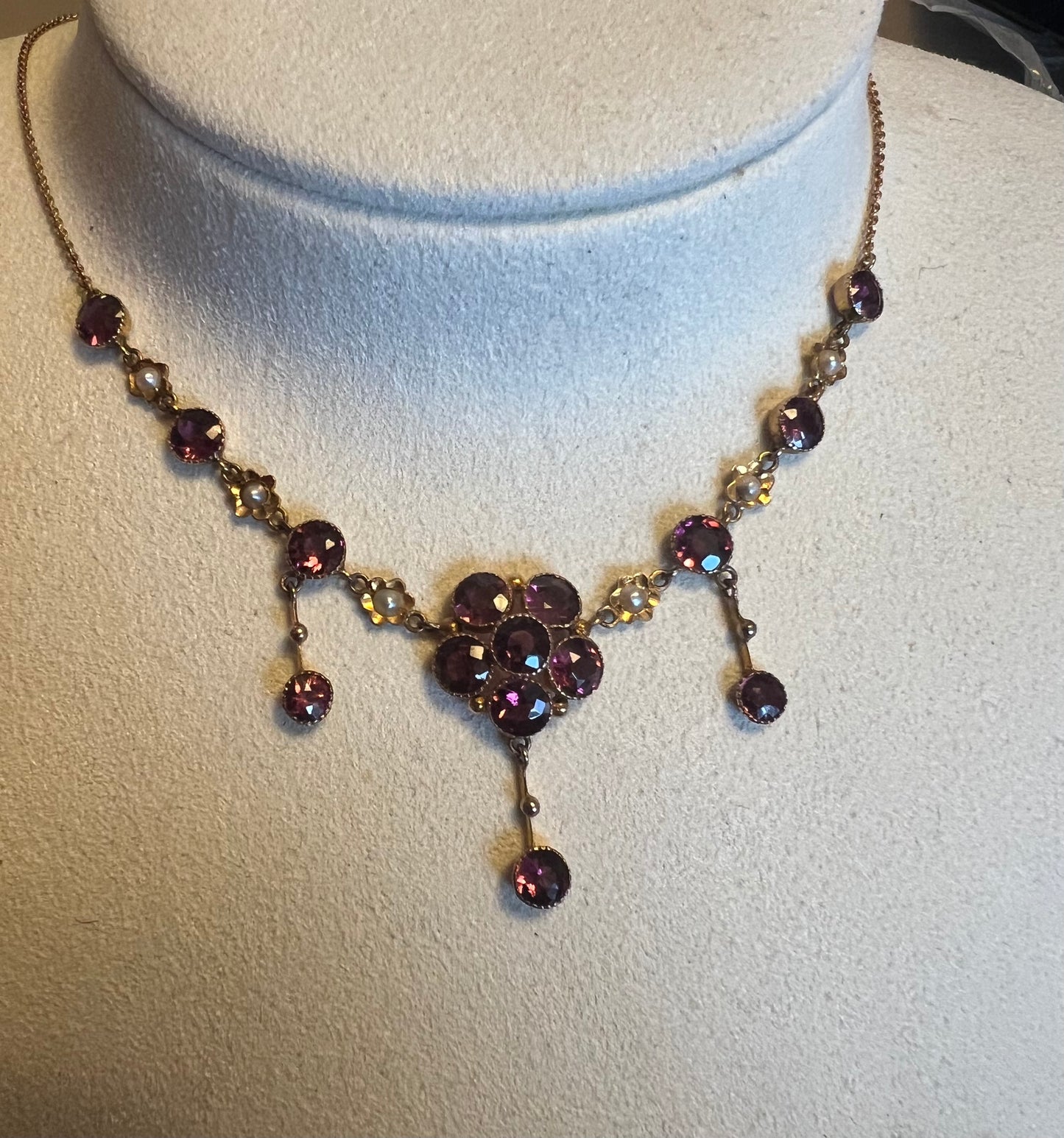 Pretty Murrle Bennett Bennet Almandine Garnet And Gold Antique Flower Necklace