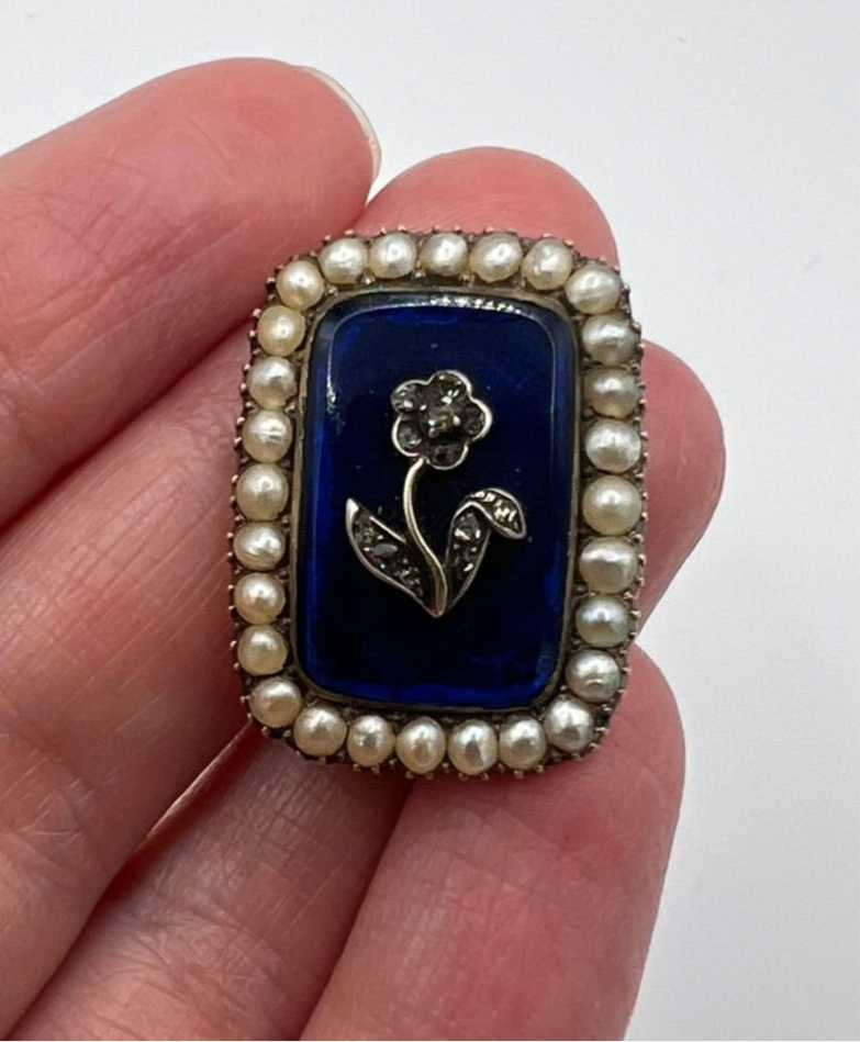 Gorgeous Georgian Sentimental Gold Pearl Diamond Blue Enamel Brooch Pin in Box