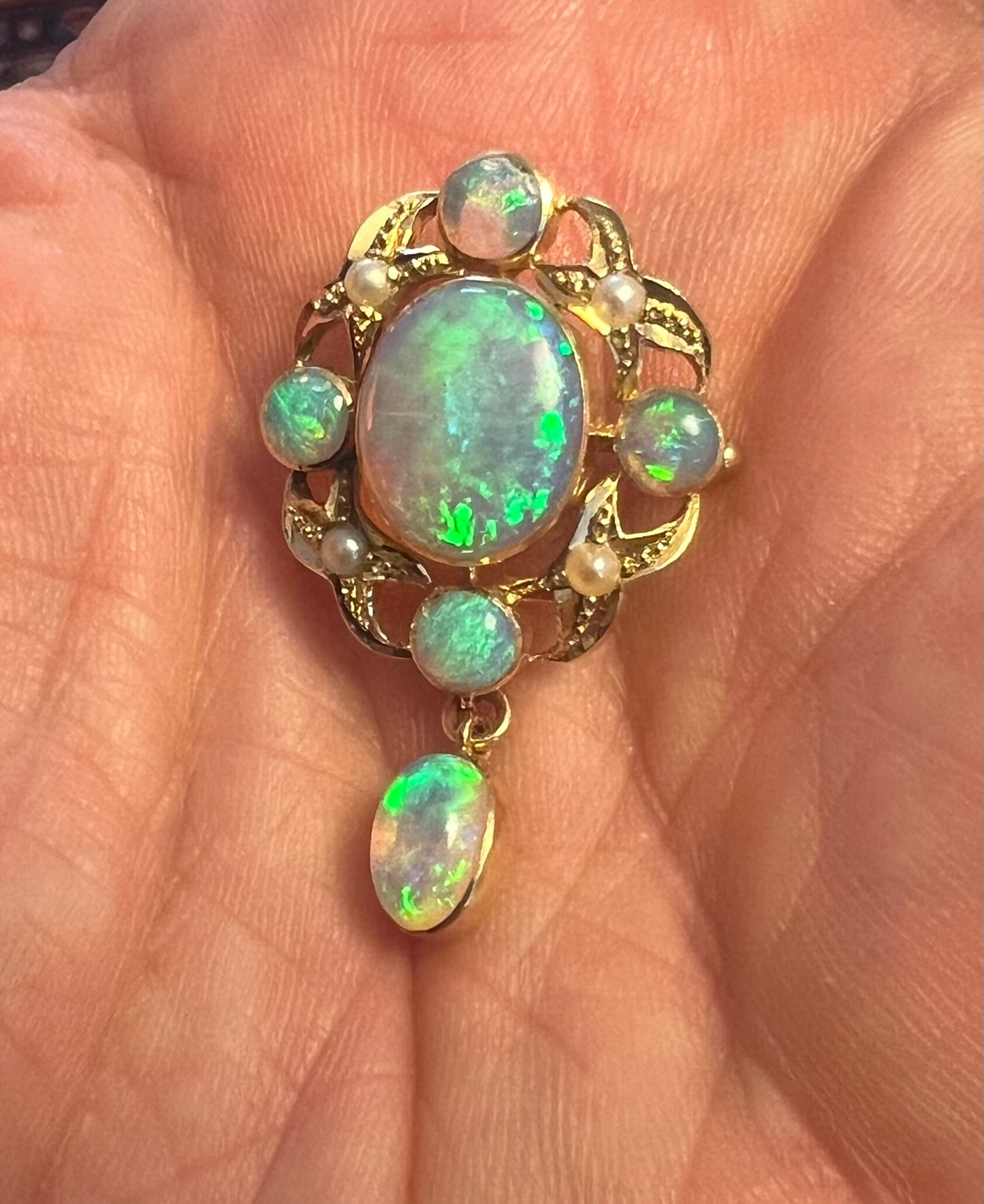 Amazing Australian Jelly Crystal Opal Pearl Gold Art Nouveau Edwardian Pendant Brooch