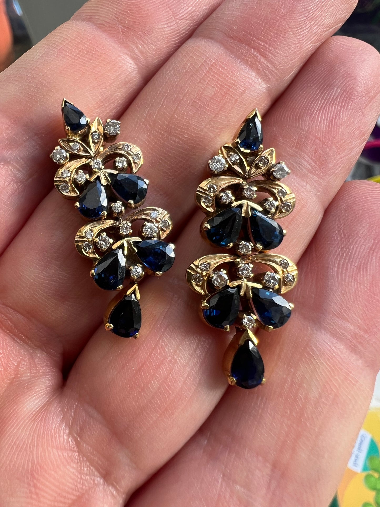 Vintage Sapphire & Diamond 18ct Gold Large Dangly Earrings