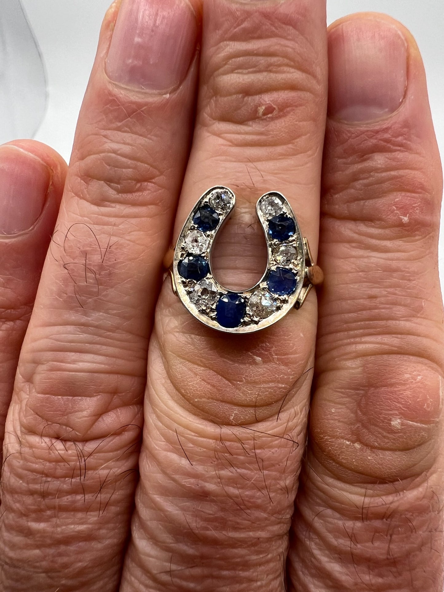 Edwardian Pin Conversion Diamond Sapphire Gold Lucky Horseshoe Ring