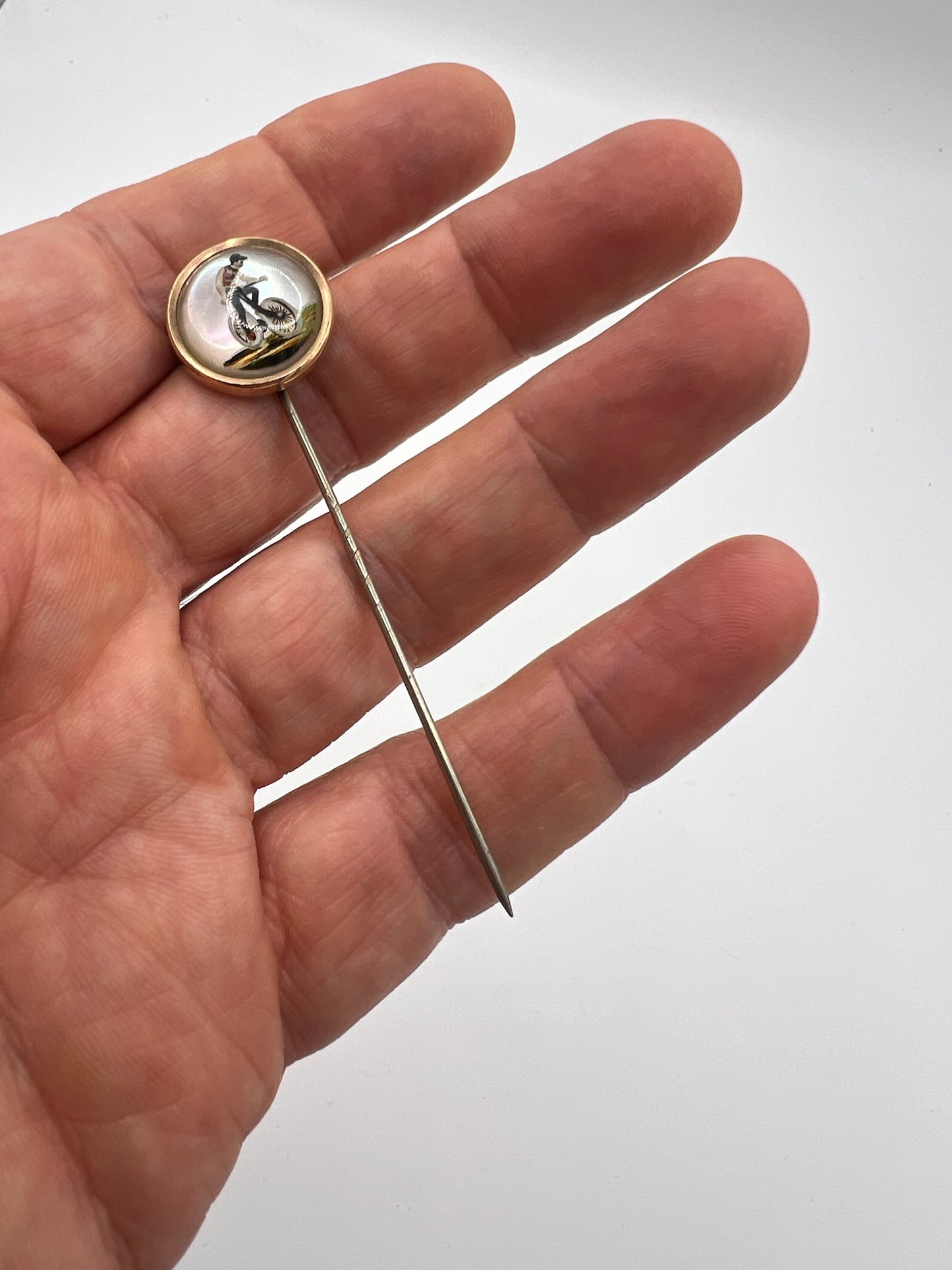 Antique Early 20th Century Faux Intaglio "Essex Crystal" Style Stick Stock Pin Of Cyclist