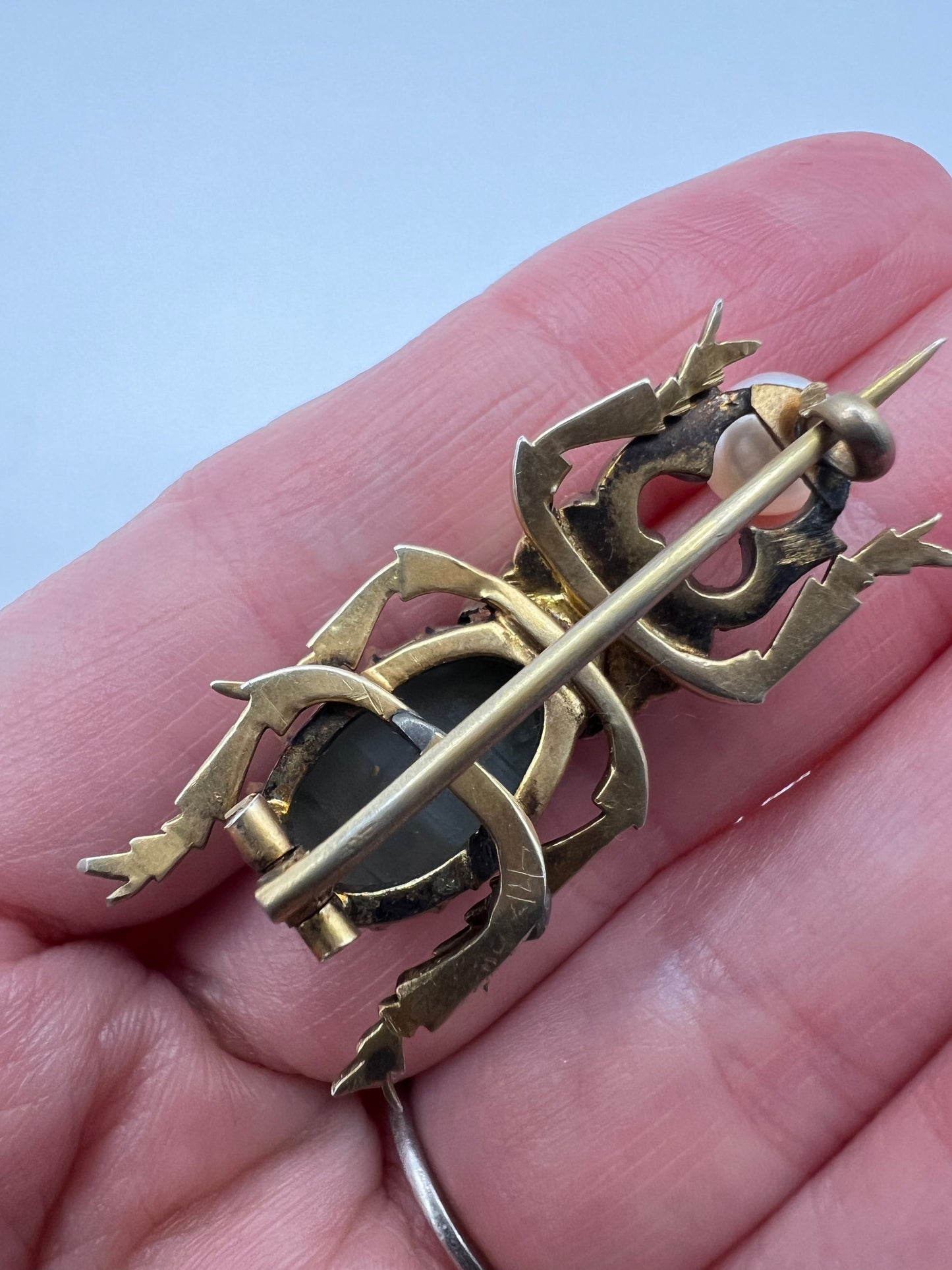 RESERVED Please enquire - Egyptian Revival Scarab Beetle Pushing Pearl Brooch