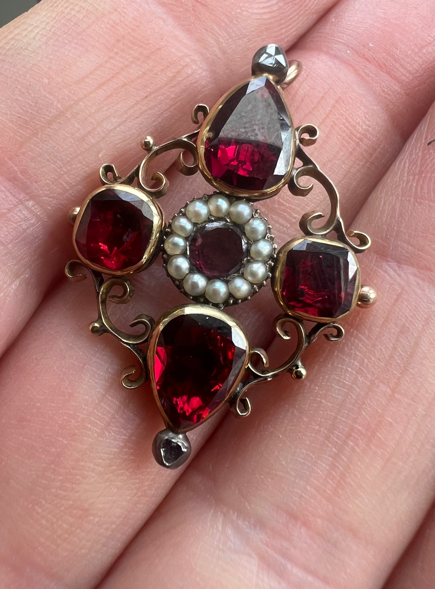 Georgian Flat Garnet Pearl Rose Cut Diamond Pendant