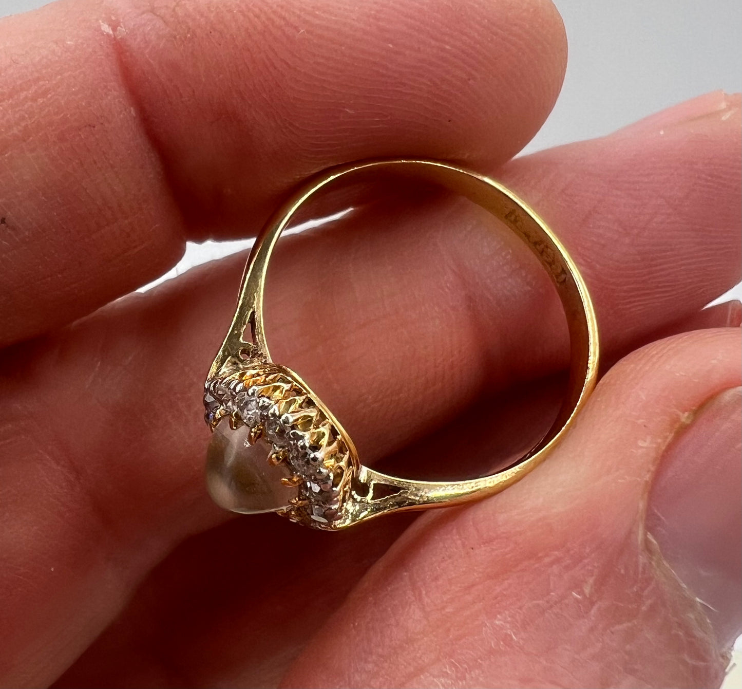 Pretty Edwardian Moonstone Diamond Halo Ring 18ct Gold