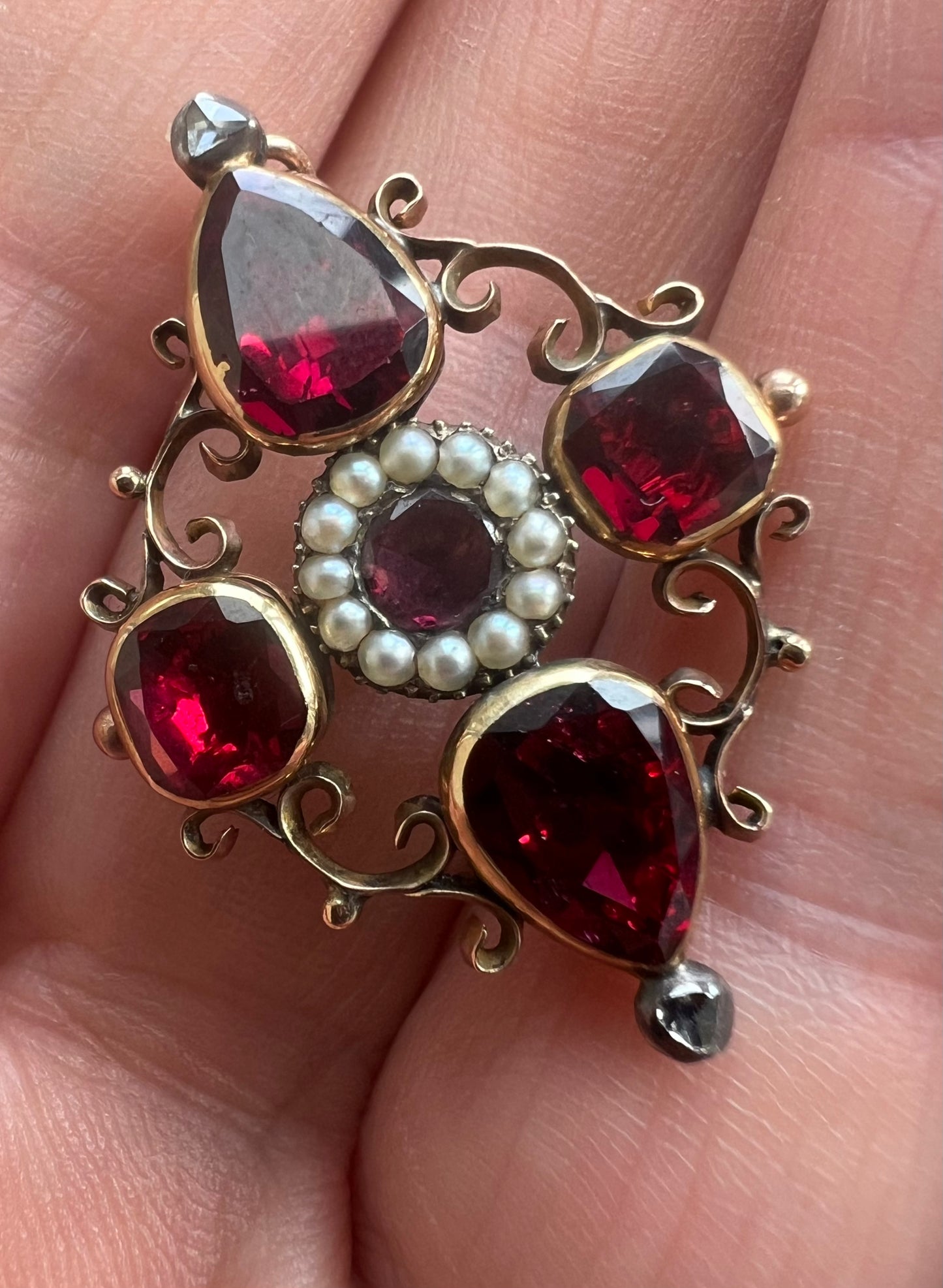 Georgian Flat Garnet Pearl Rose Cut Diamond Pendant