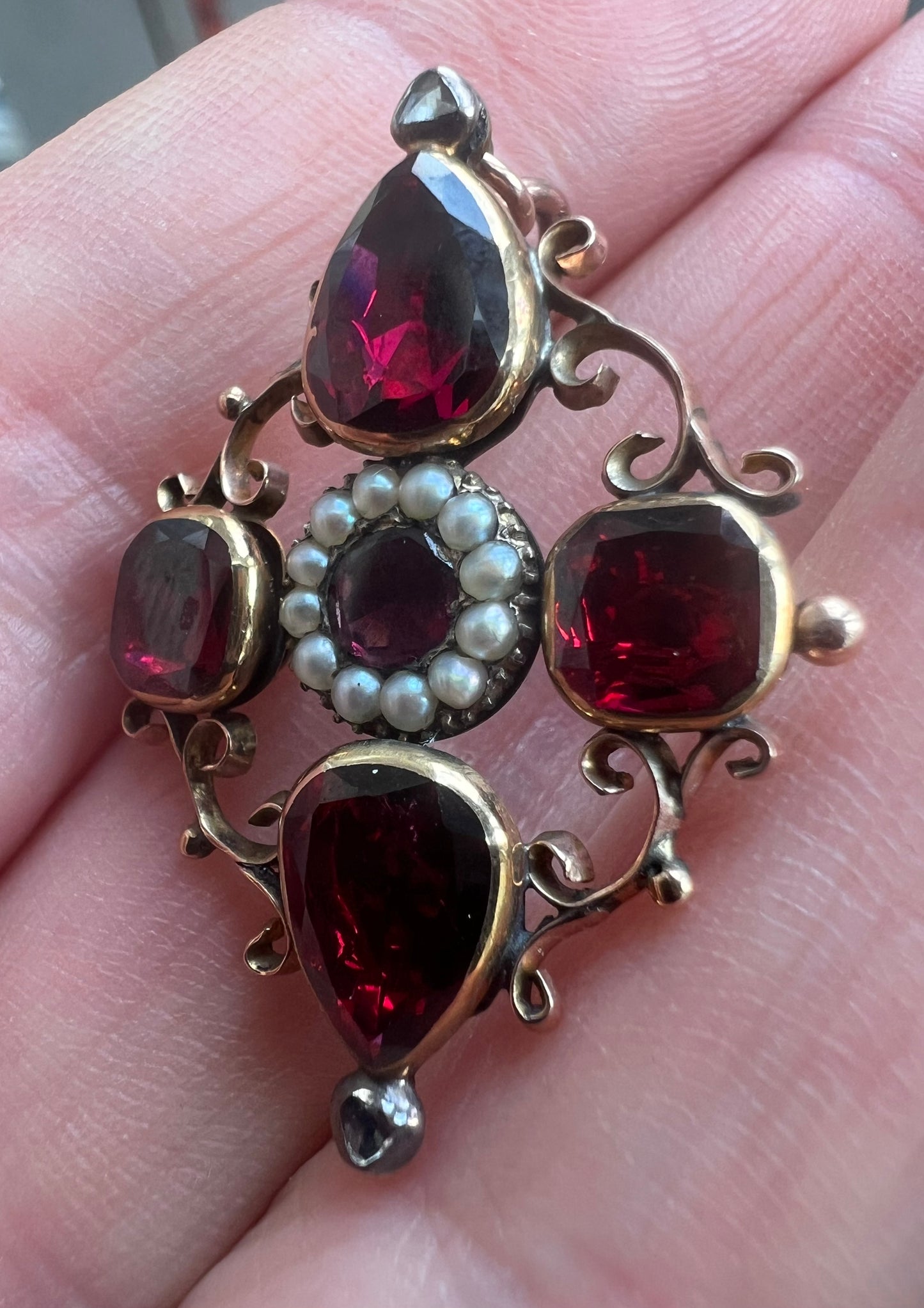 Georgian Flat Garnet Pearl Rose Cut Diamond Pendant