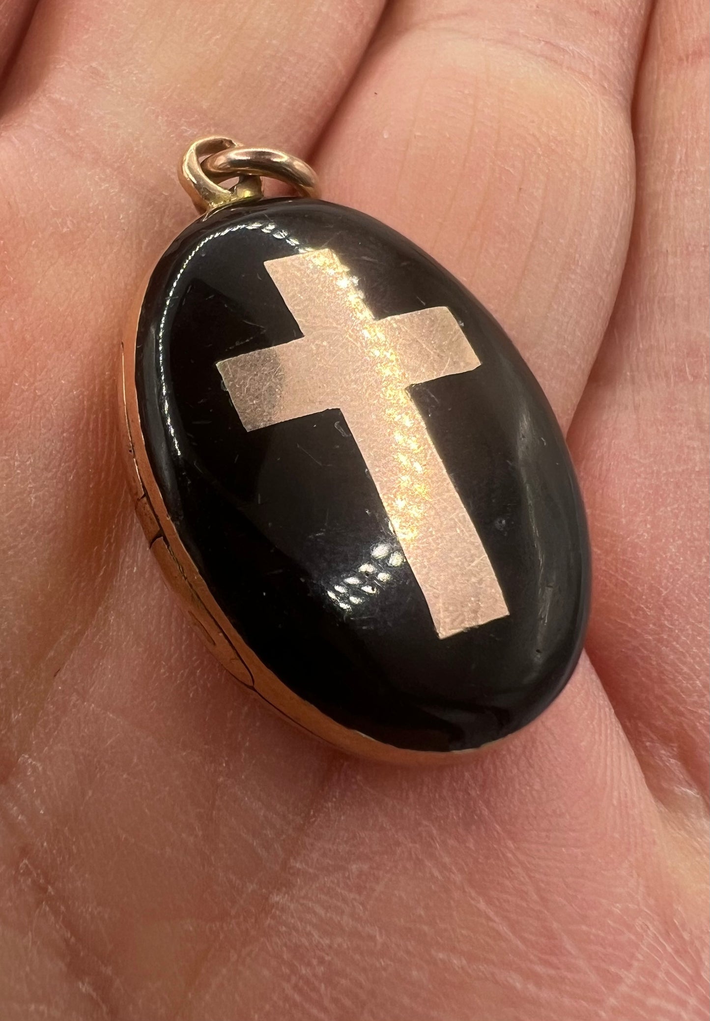 Antique Gold Enamel Crucifix Memorial Locket