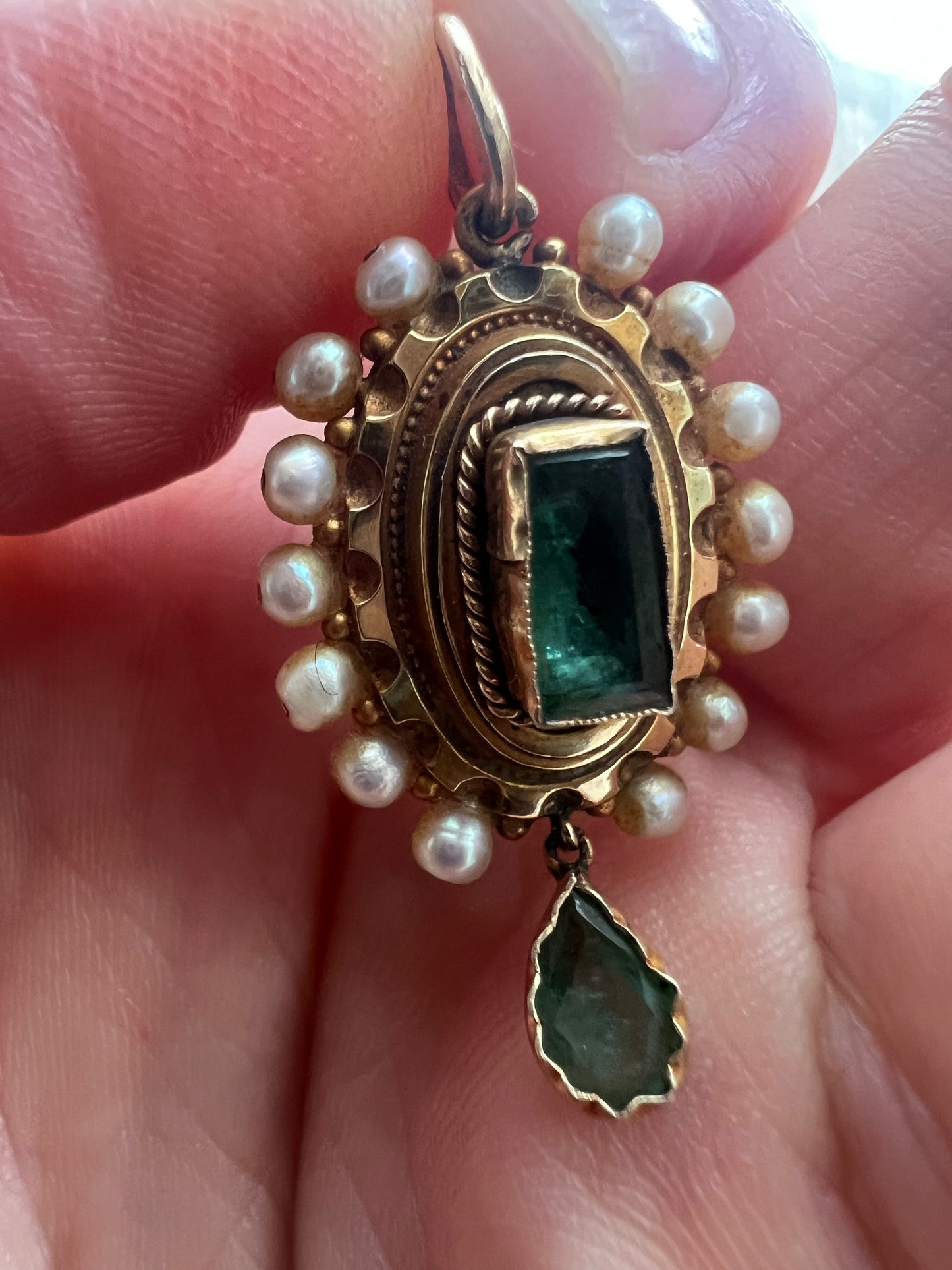Spanish or Portuguese Emerald Pearl Gold Victorian Pendant