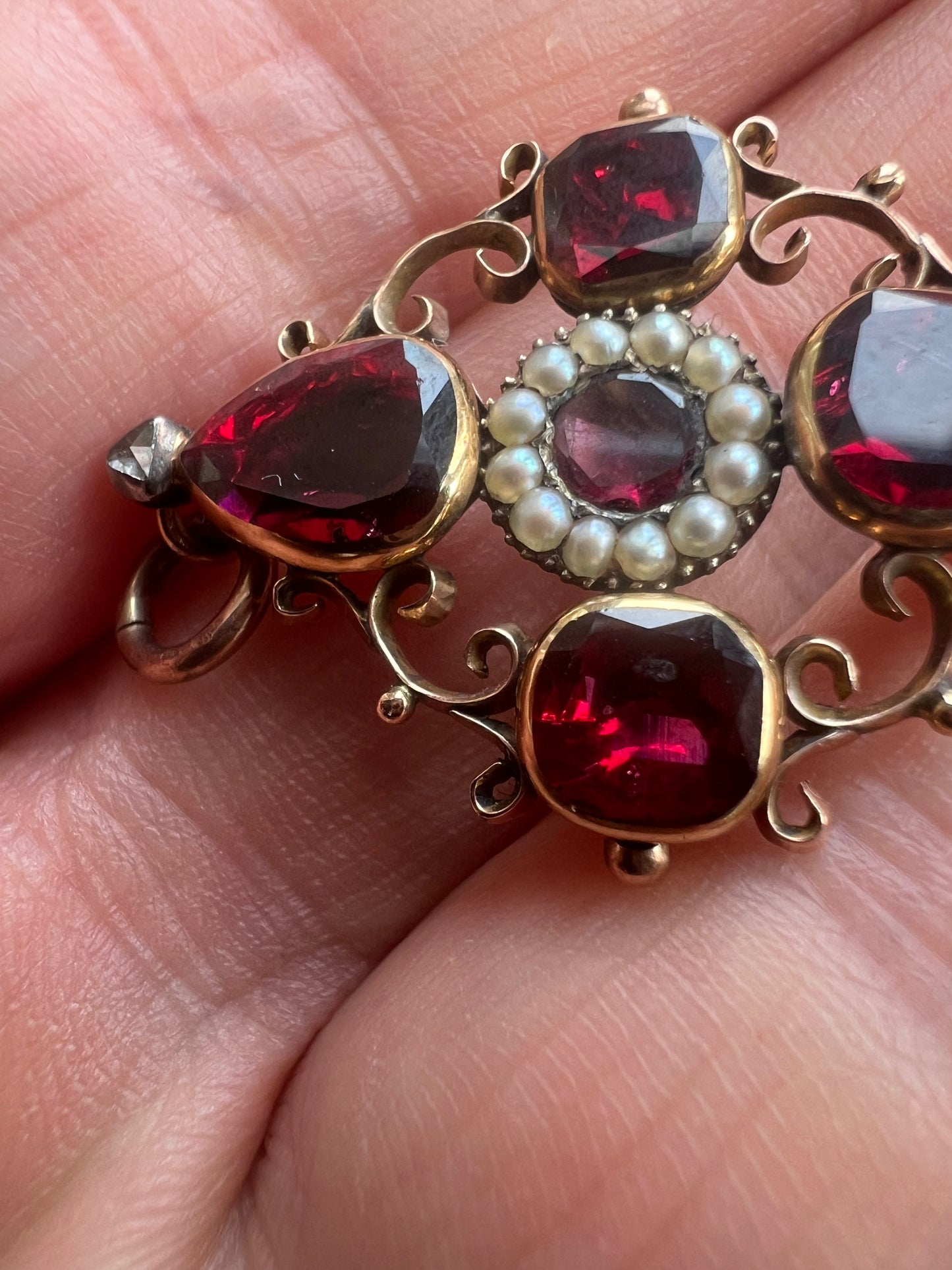 Georgian Flat Garnet Pearl Rose Cut Diamond Pendant