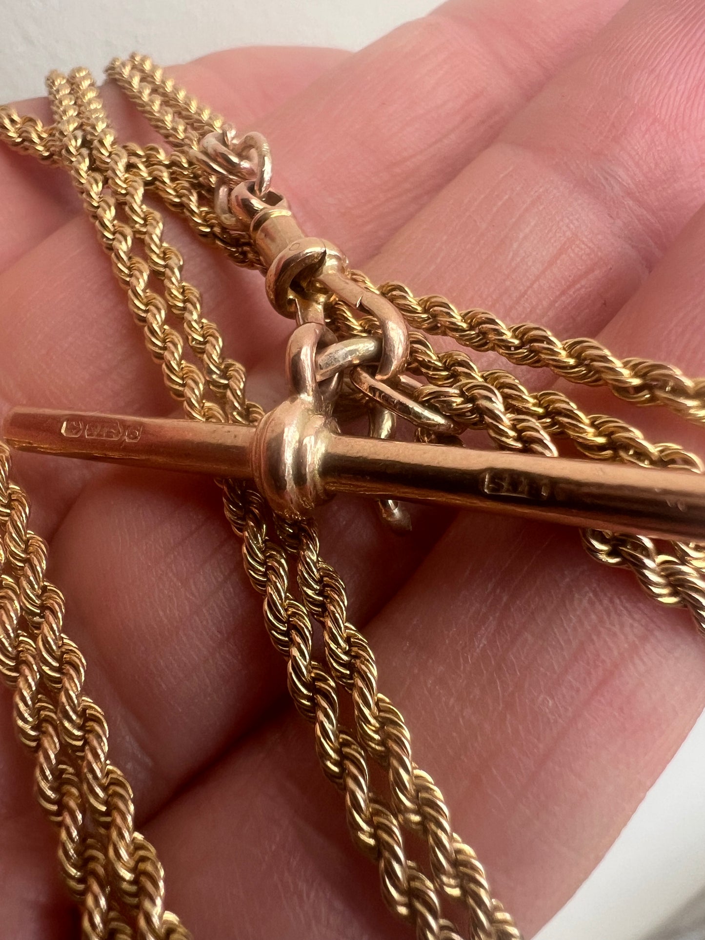 Antique 60" Very Long Rope Twist Gold Muff Chain Dogclip & T Bar