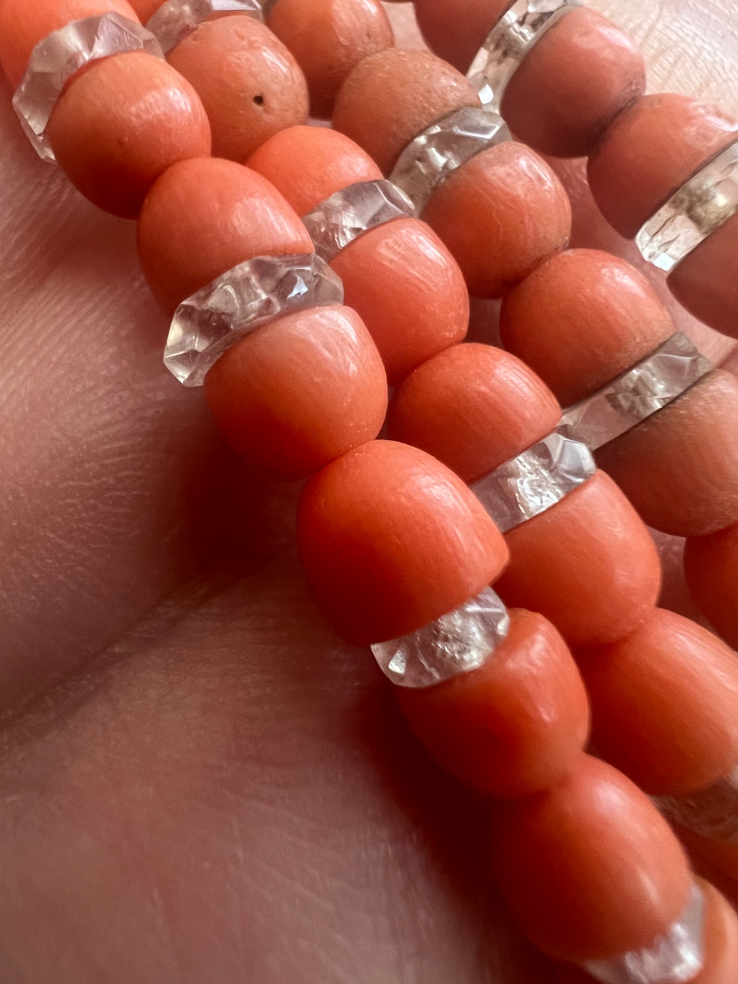Long 38" Art Deco String Of Coral Beads With Crystal Spacers