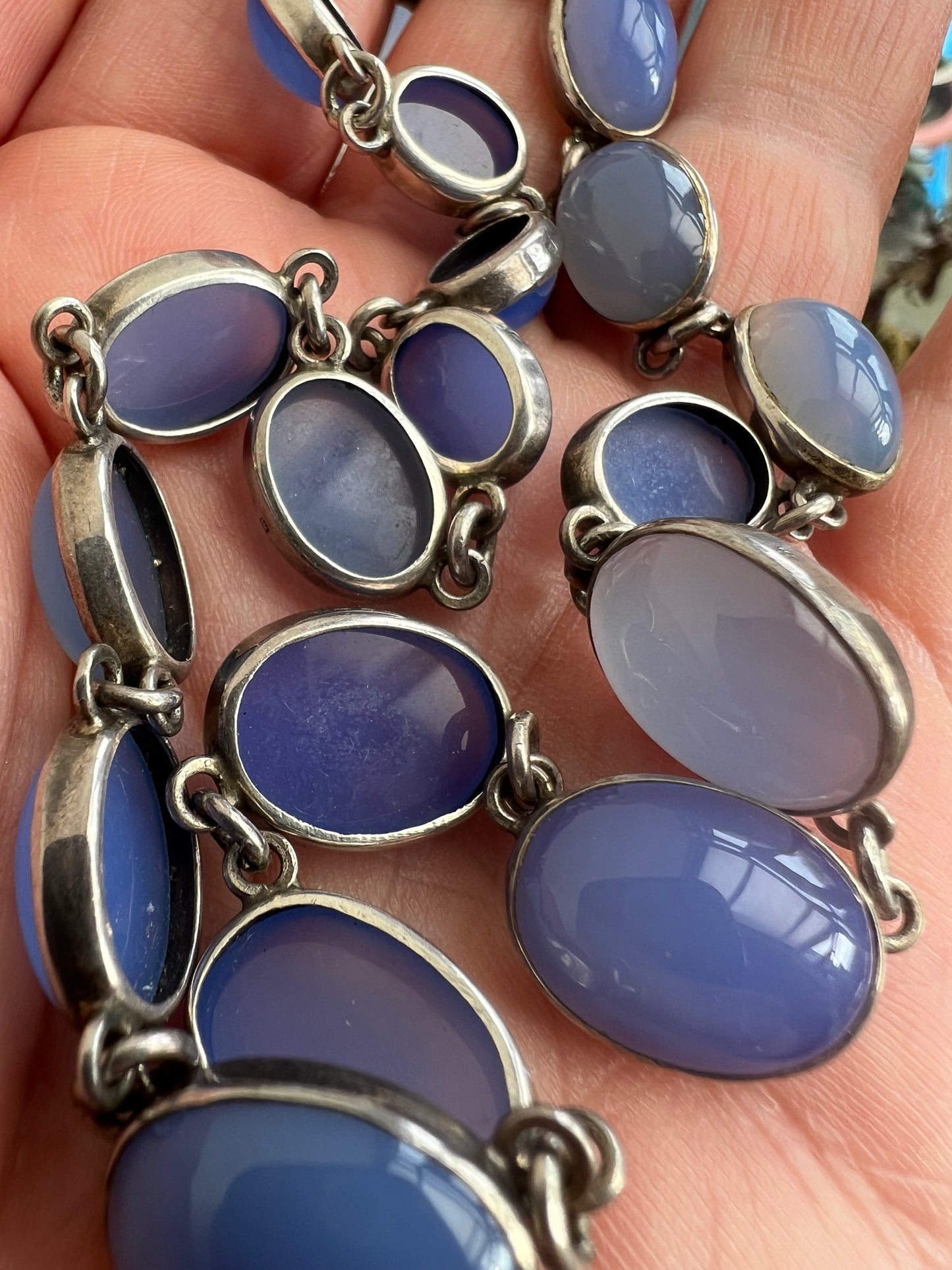 Antique Chalcedony Silver Rivière Necklace