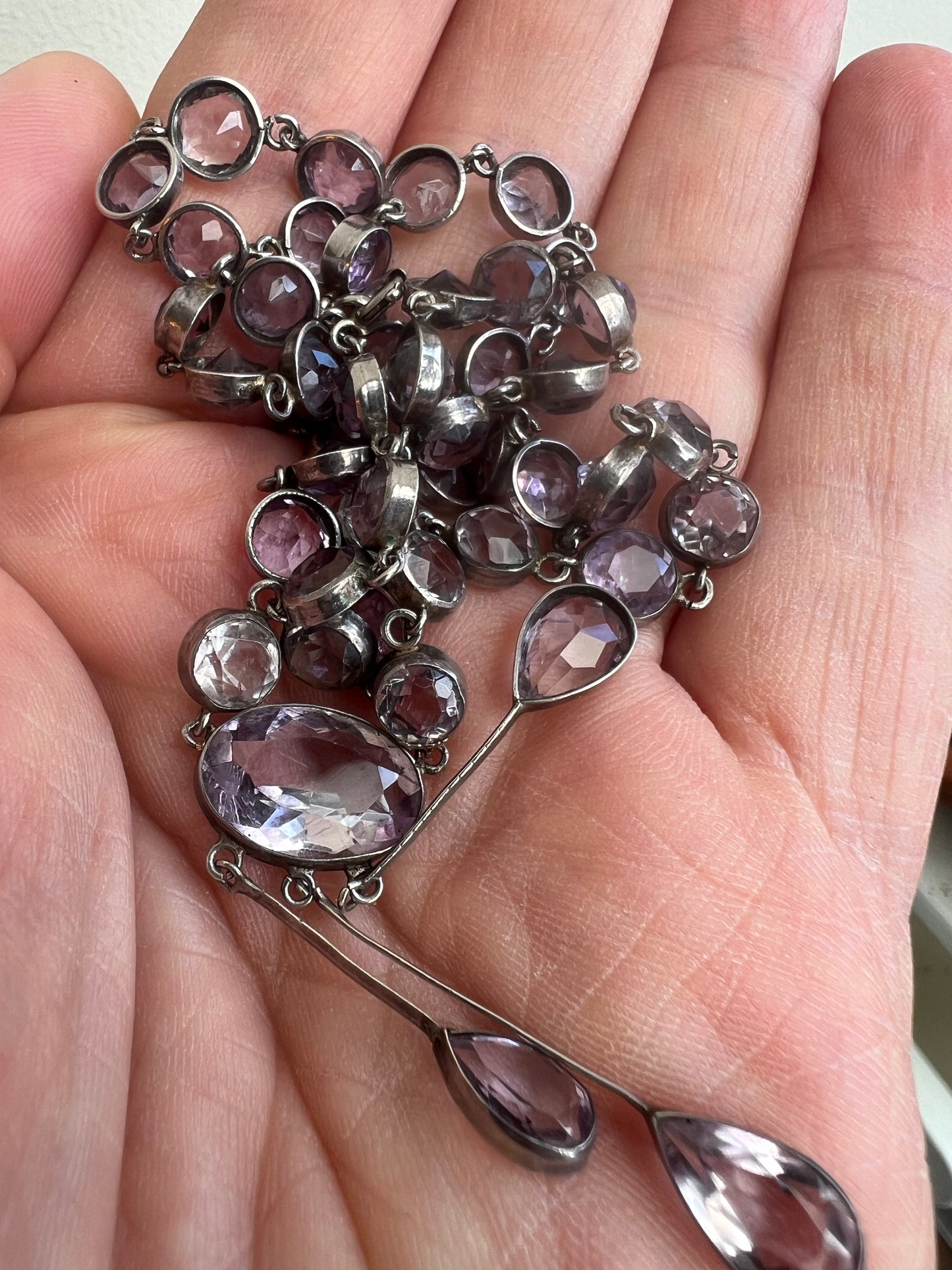 British Arts & Crafts Amethyst Silver Rivière Negligee Necklace