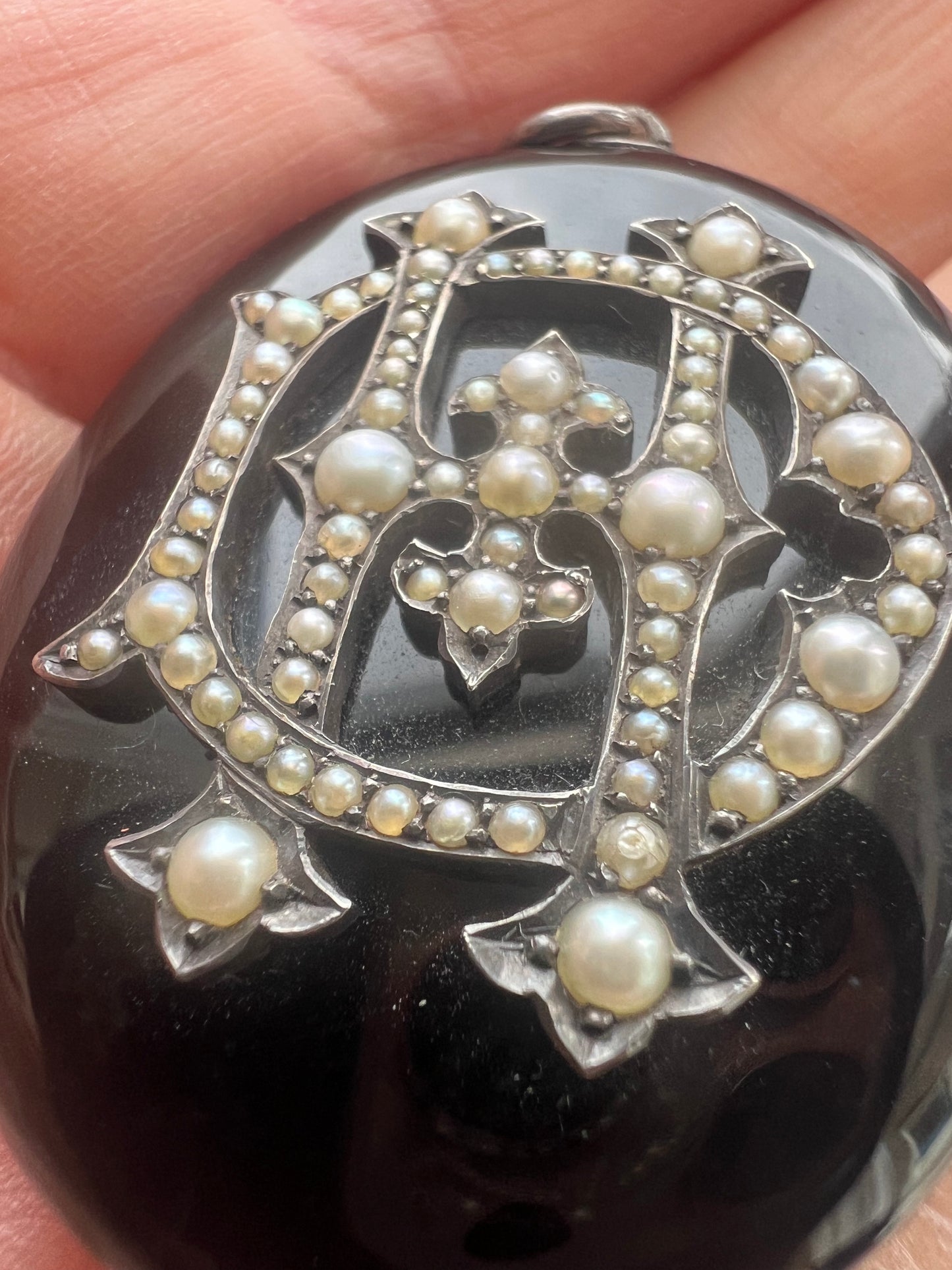 Antique Silver Black Enamel Pearl Locket Initials HD or DH