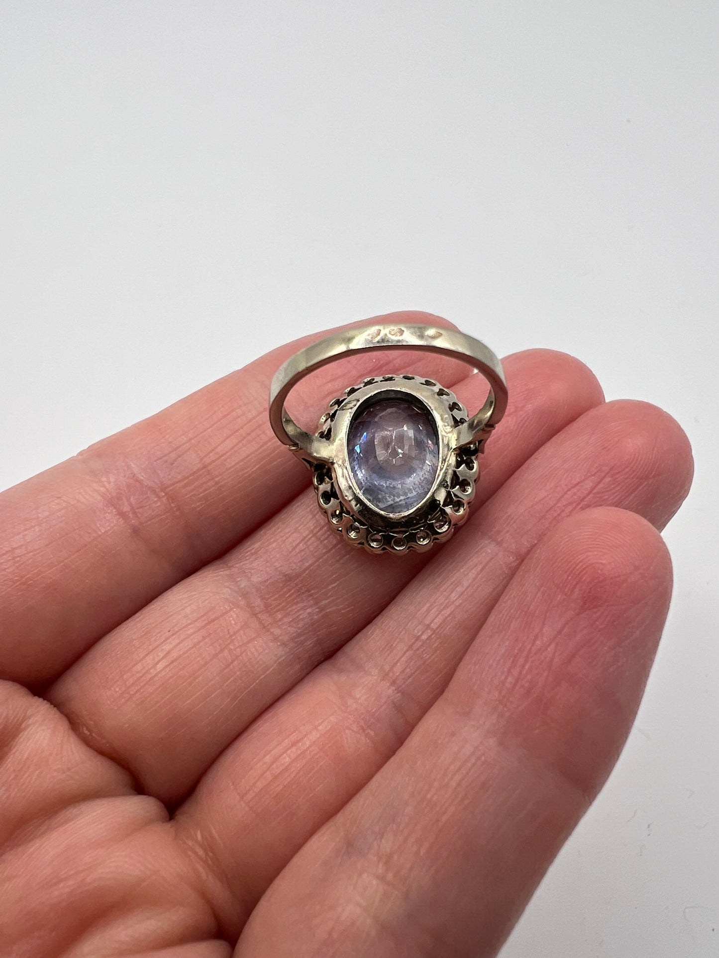 French Cornflower Blue Large 9+ Carat Sapphire Diamond Halo Ring in 18ct White Gold