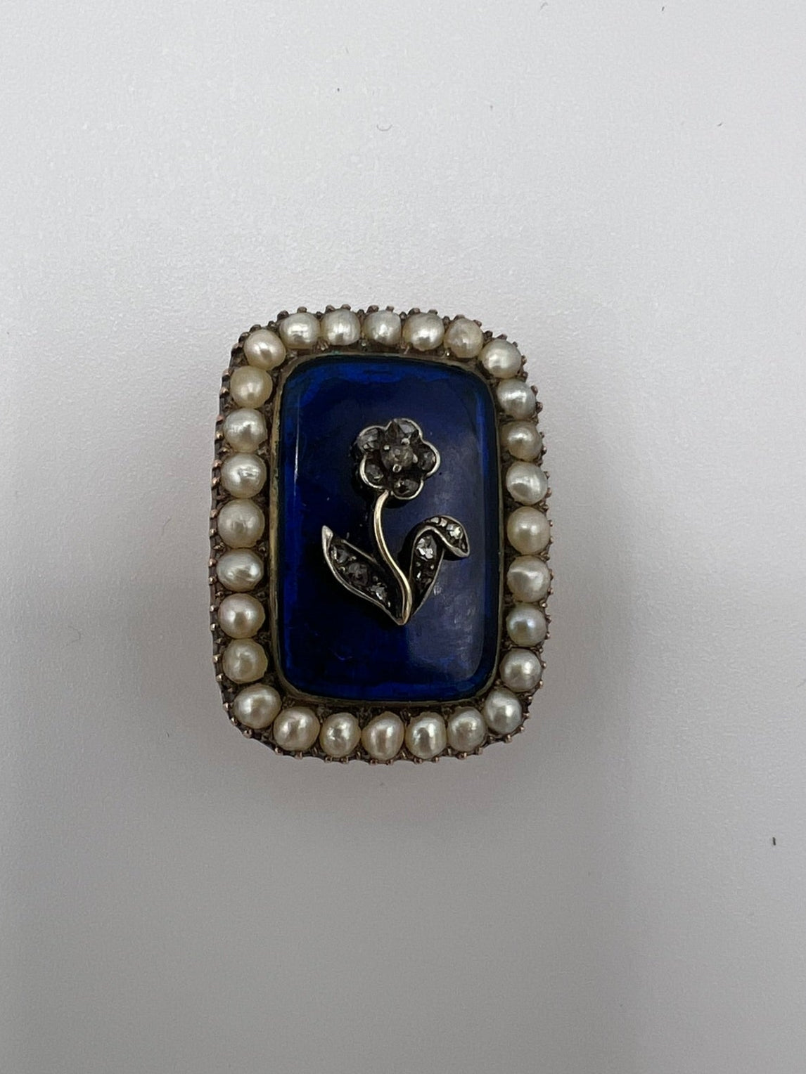 Gorgeous Georgian Sentimental Gold Pearl Diamond Blue Enamel Brooch Pin in Box