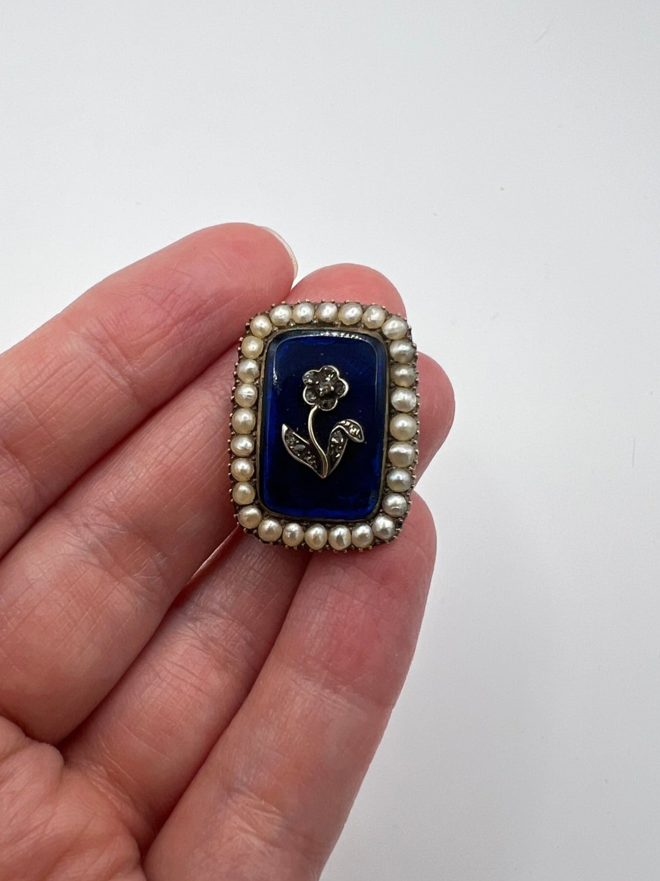 Gorgeous Georgian Sentimental Gold Pearl Diamond Blue Enamel Brooch Pin in Box