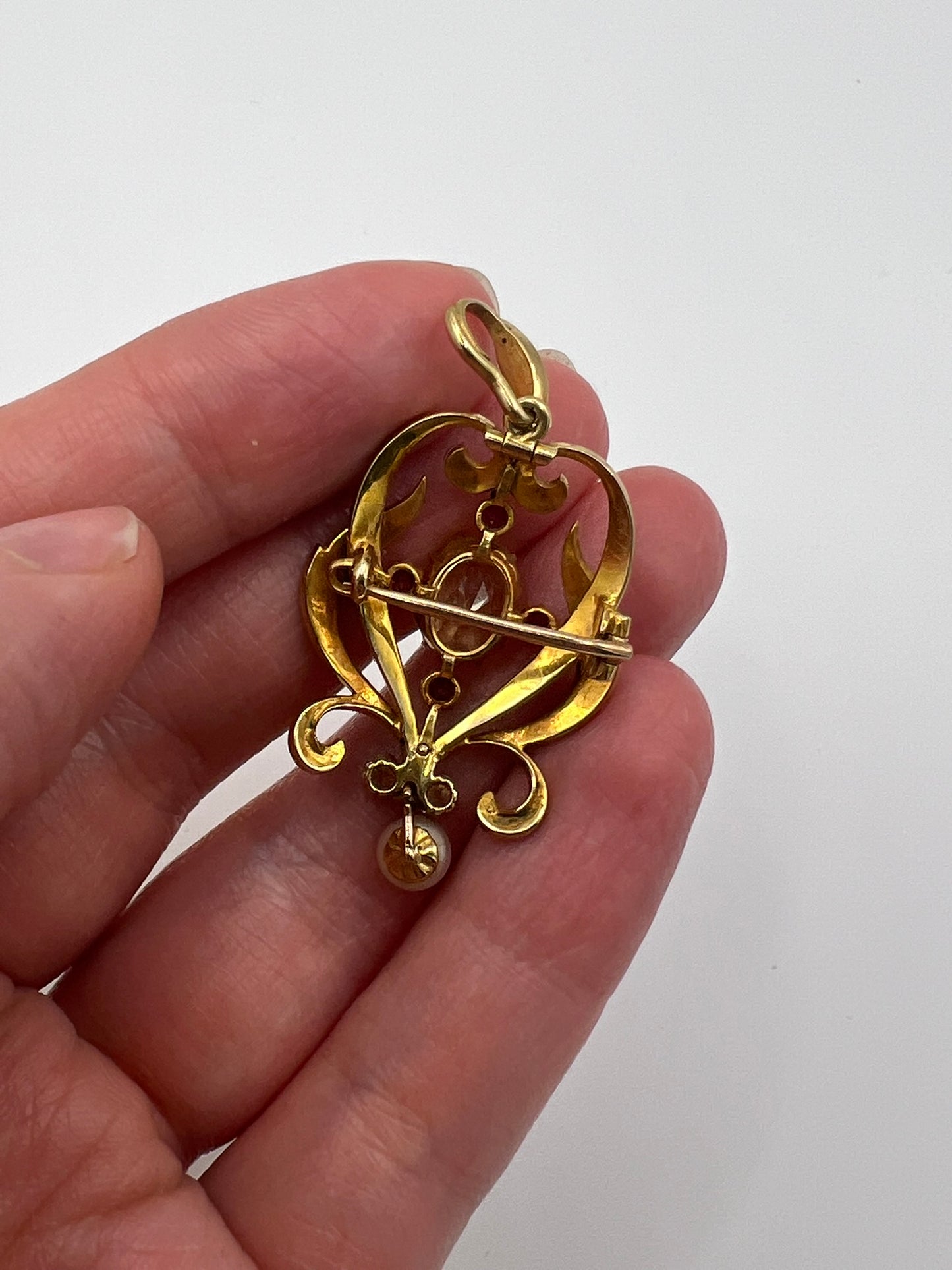 Superb Boxed Art Nouveau Enamel Chrysoberyl Diamond Pearl Pendant Brooch