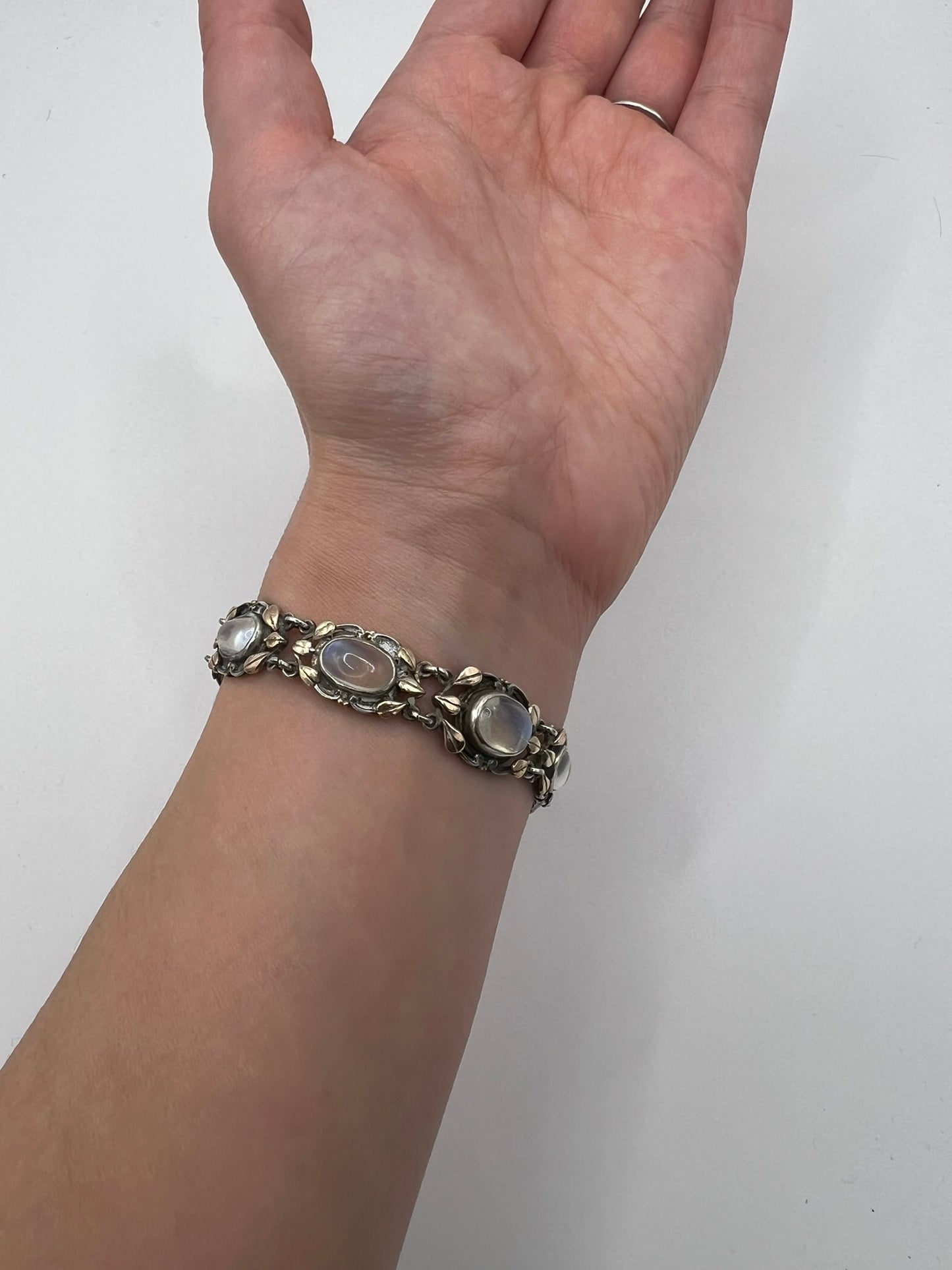 Outstanding British Arts & Crafts Antique Moonstone Silver Bracelet With Applied Gold Leaves c1910