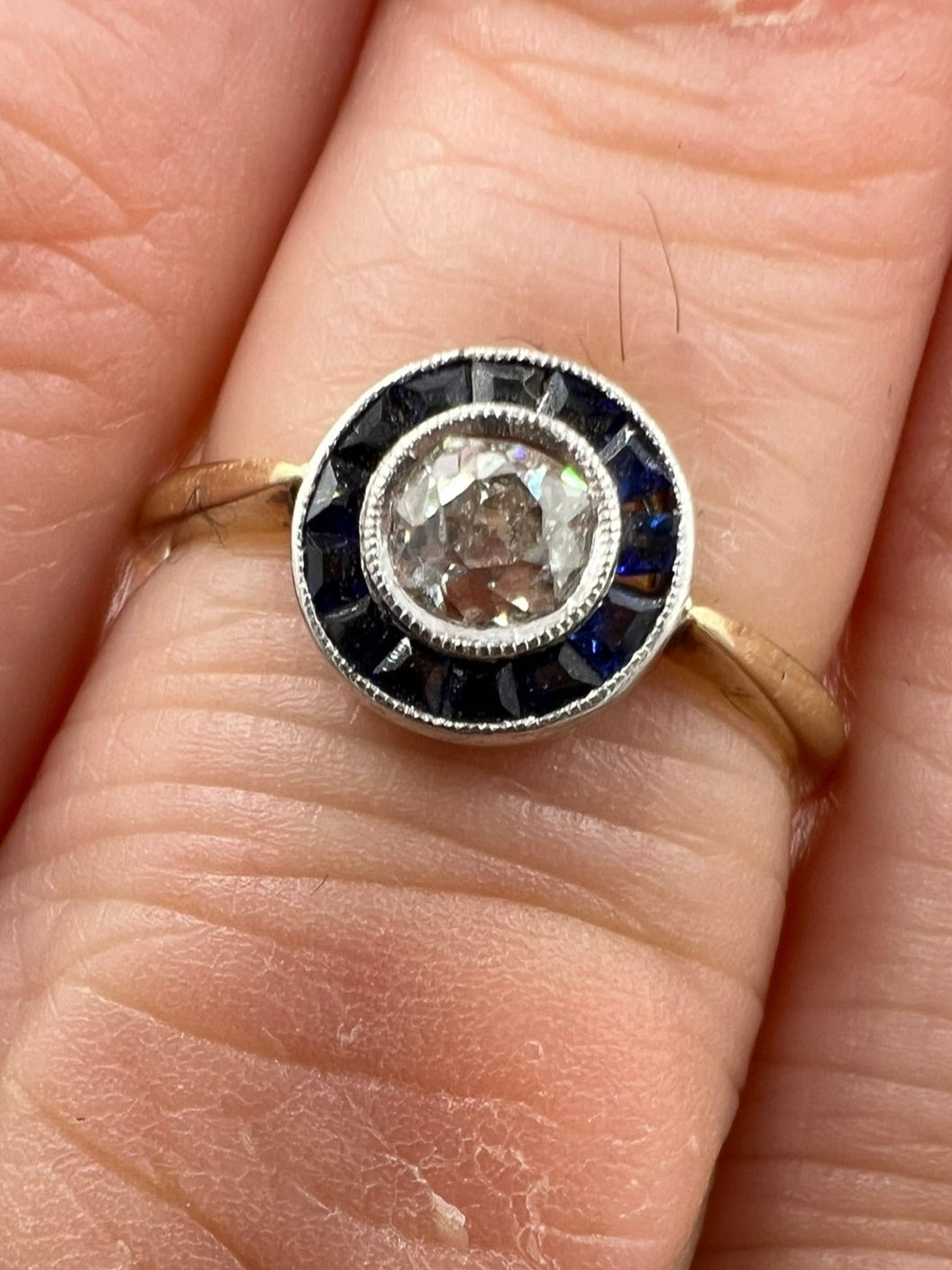 Art Deco old cut Diamond Sapphire Halo Target Ring in 18ct Yellow Gold