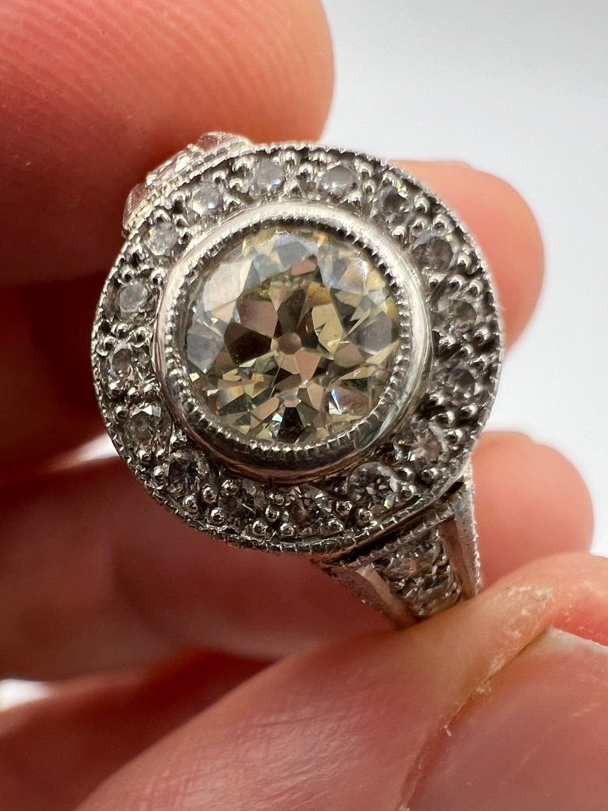 Art Deco Style18ct White Gold Diamond Halo Target Ring Diamond Shoulders