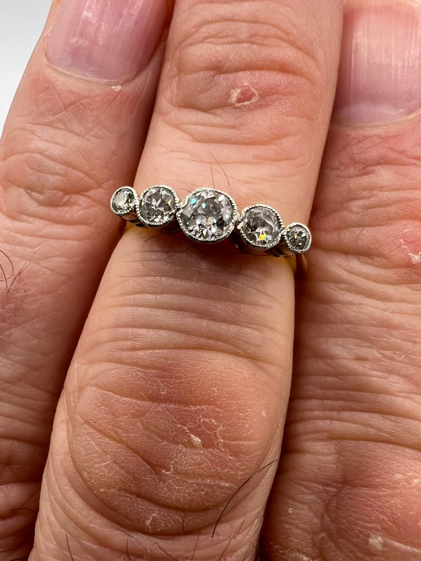 Five Stone Art Deco Graduating Old OEC Cut Diamond Ring Millegrain Bezel Set in 18ct Yellow Gold