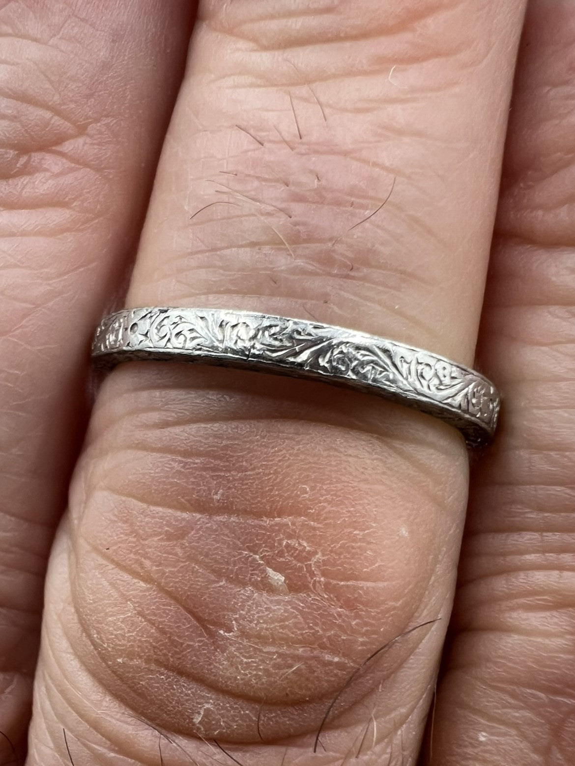 Late Art Deco Gents Engraved Platinum Wedding or Band Square Ring
