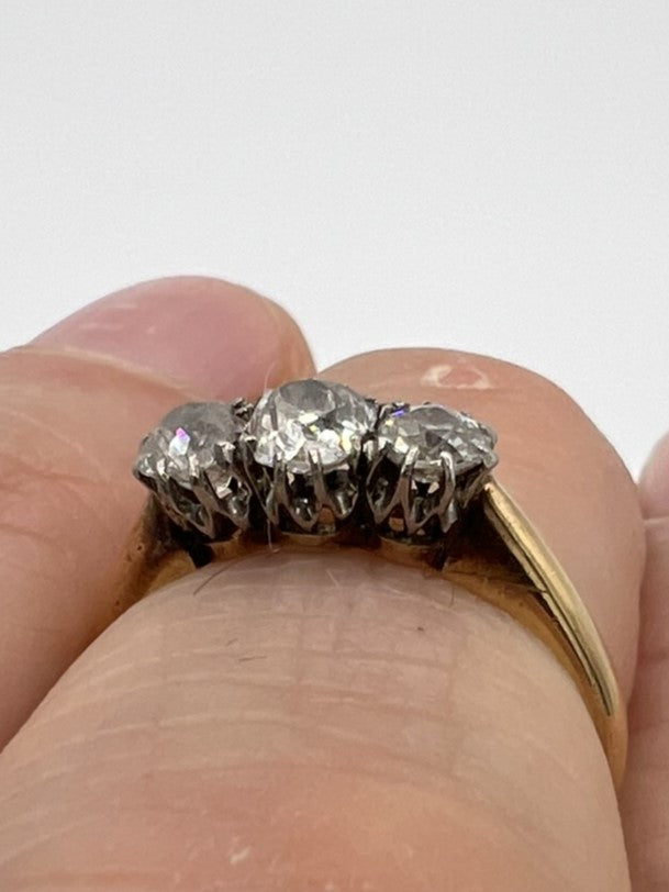 Victorian / Edwardian Three Stone Trilogy Round Cushion Old Cut Diamond Ring in 18ct Gold