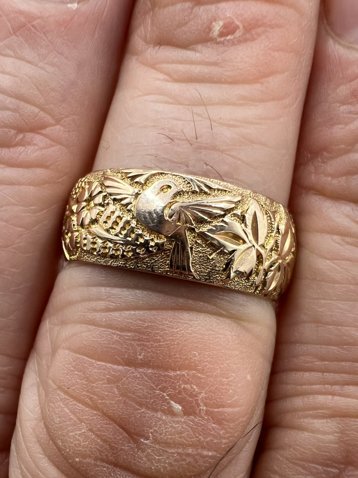 Romantic Victorian Wedding Band Ring With Engraved Birds And Symbols In 9ct Gold