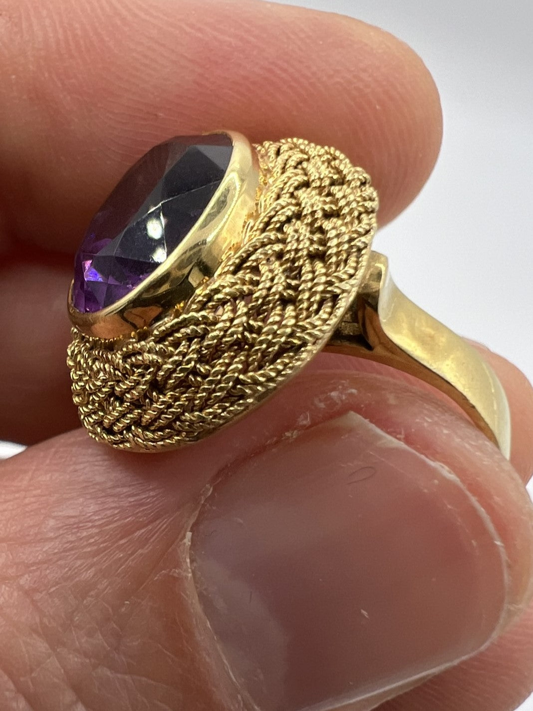 Sumptuous 18ct Gold Amethyst Mid-Century Basket Weave Ring