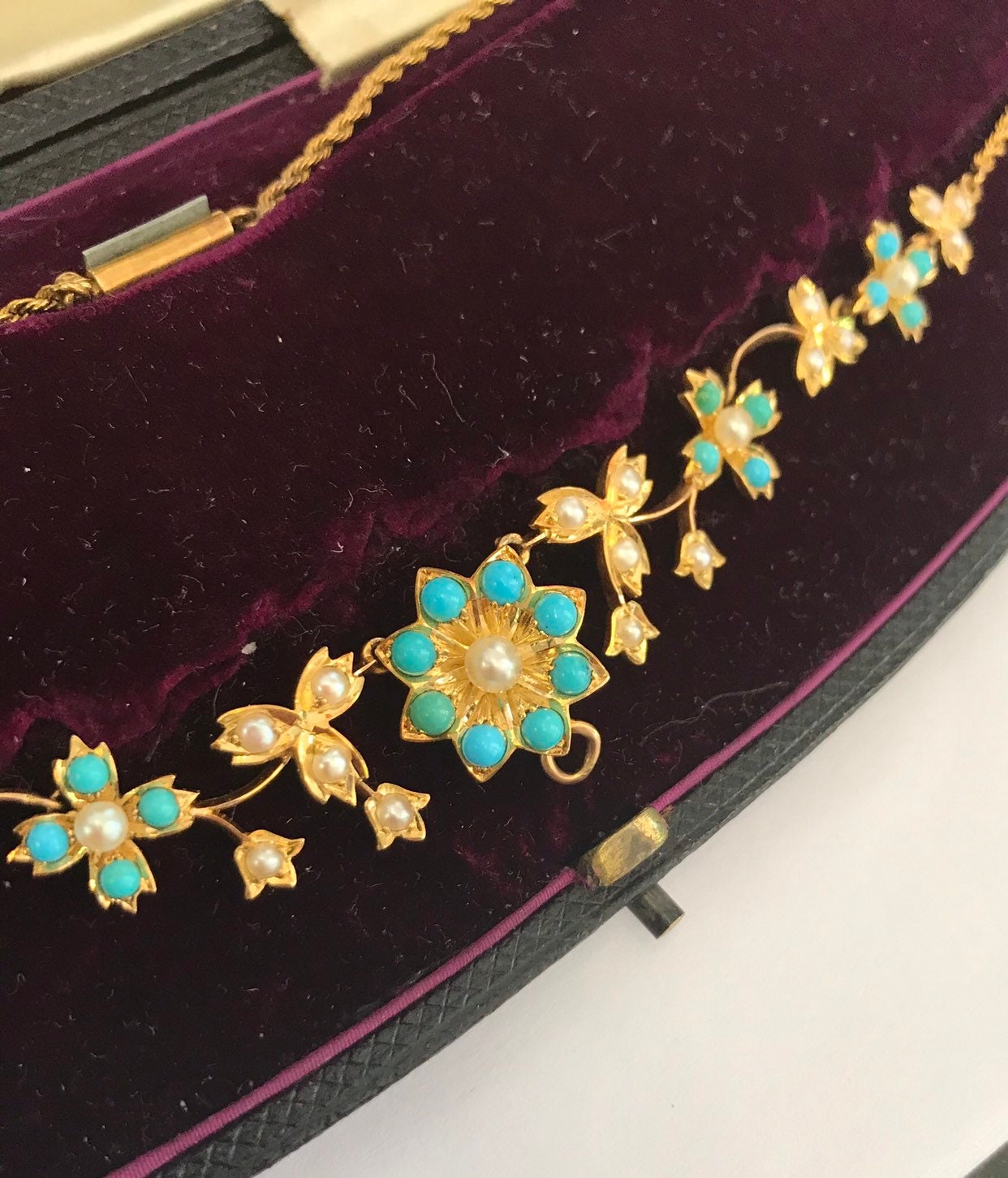 RESERVED Antique Turquoise Pearl 15ct Gold Necklace & Detachable Witches Heart Pendant Brooch Boxed