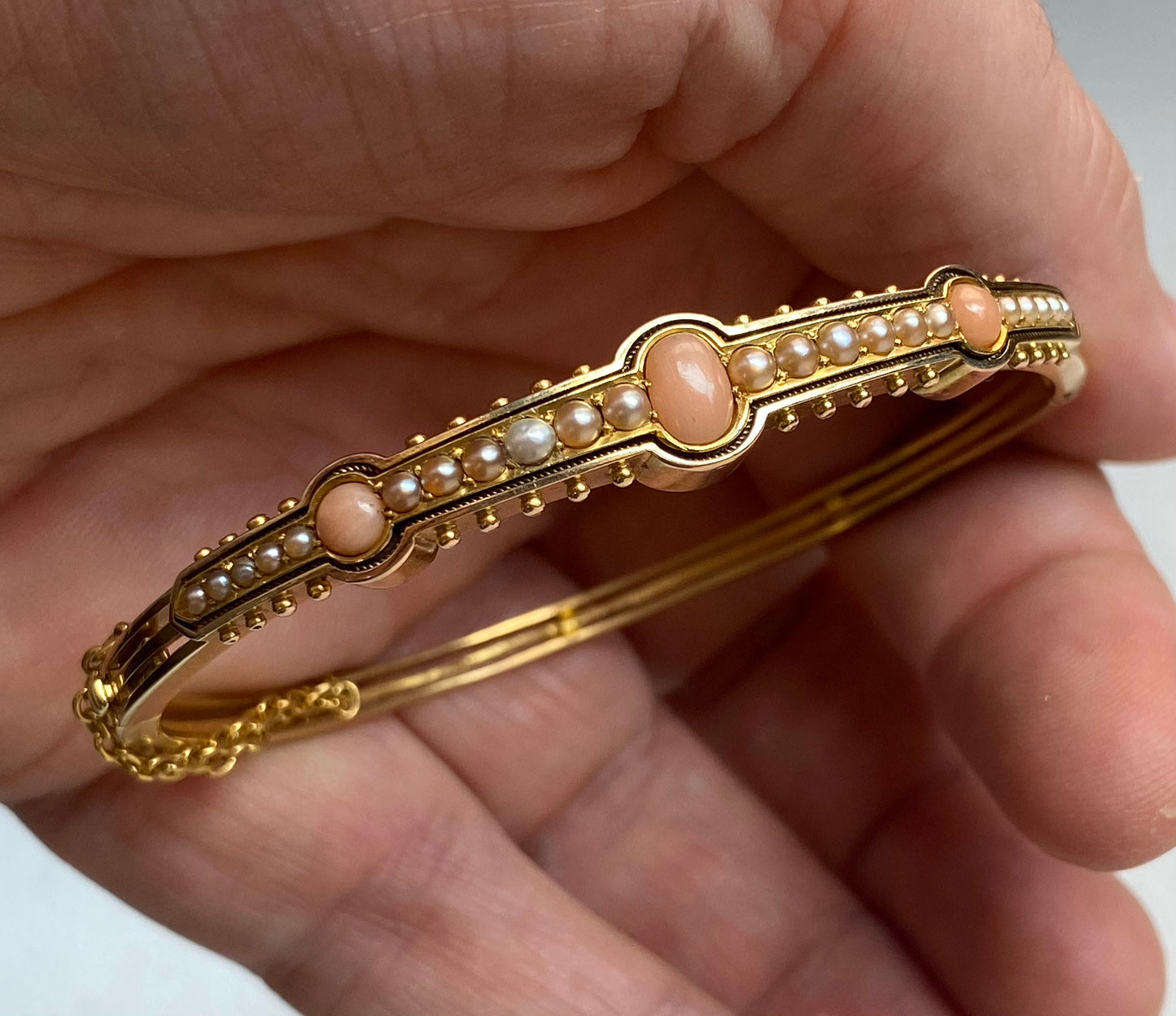 Antique French 18ct Gold Pink Coral Pearl Victorian Snap Bangle Bracelet