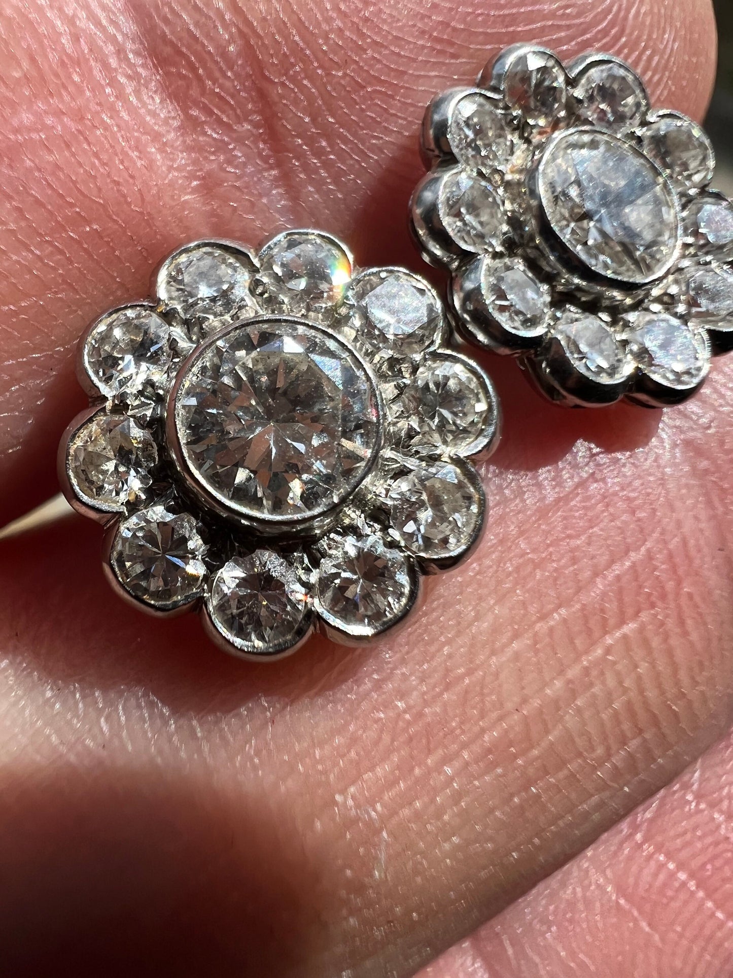 Art Deco Diamond Platinum Daisy Cluster Earrings 1930s Natural OEC Old Cut Stones