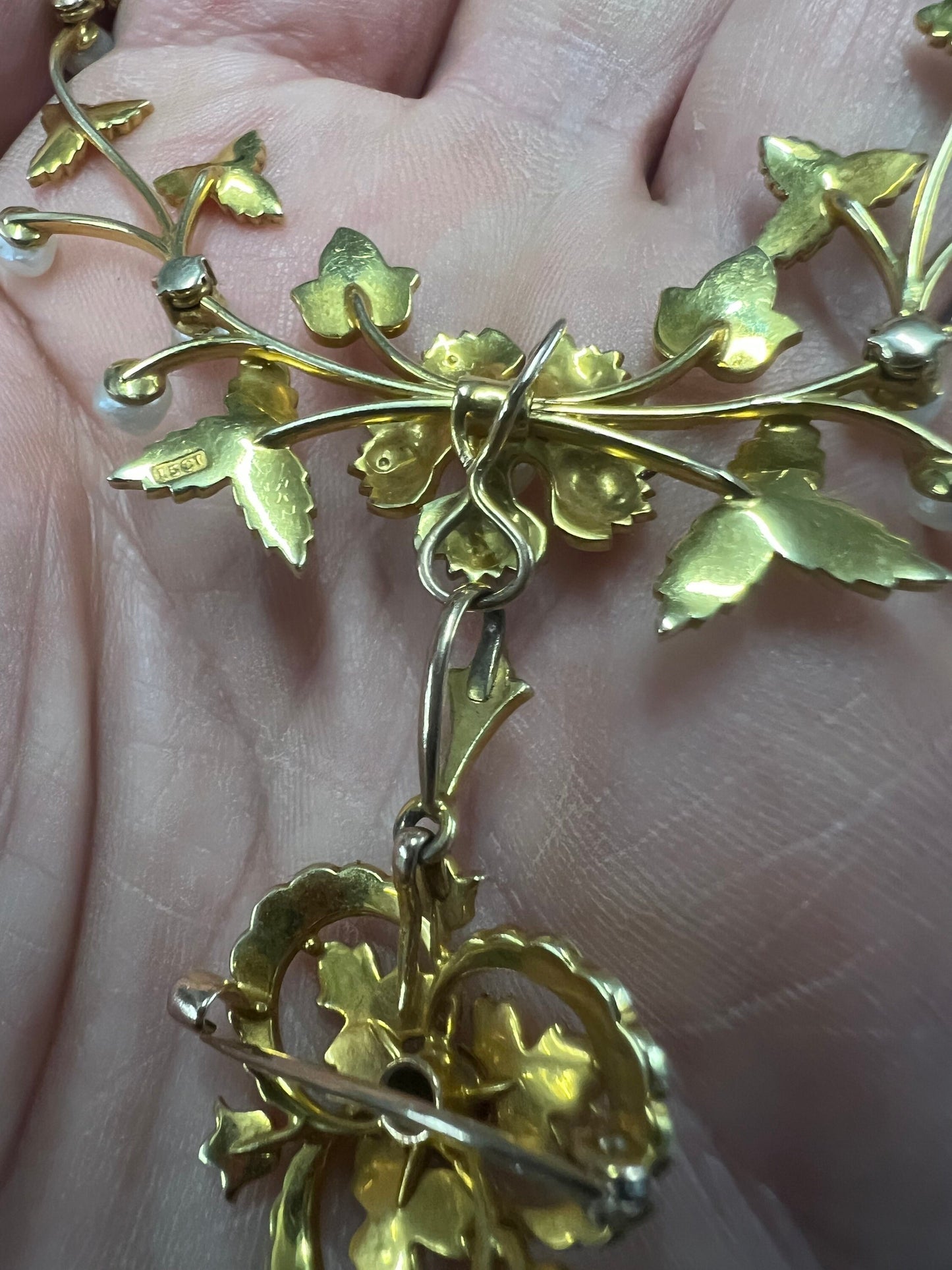 Victorian 15ct Gold Diamond Seed Pearl Fringe Necklace & Brooch