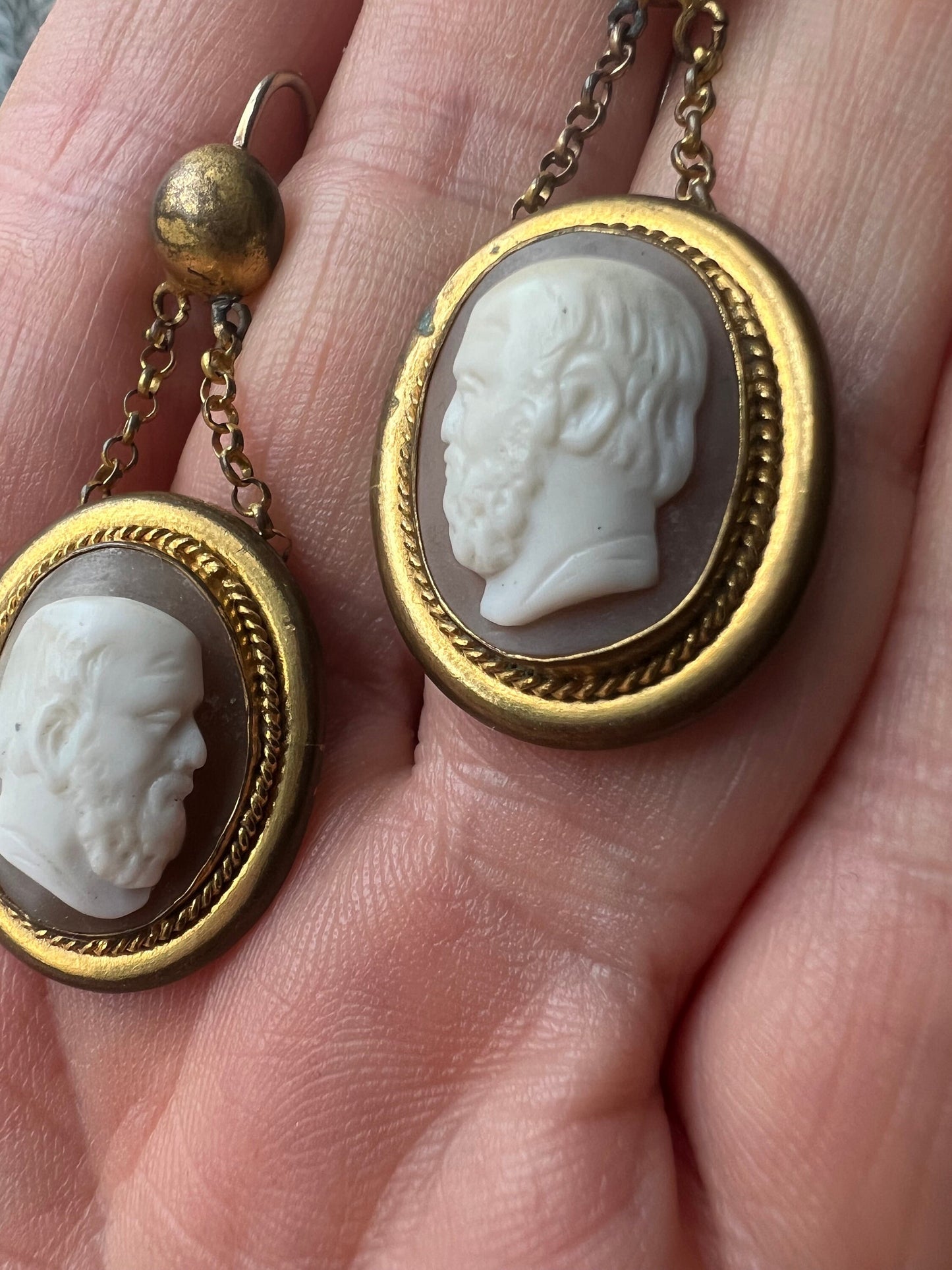 Rare Victorian or Georgian Cameo Earrings Drops Featuring Male Faces