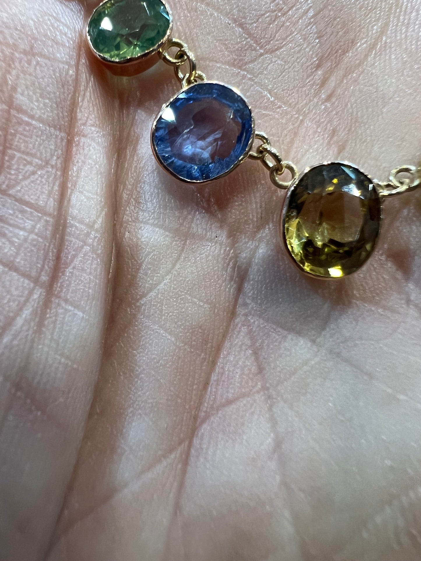 Antique Gold Harlequin Gemstone Necklace Rivière Blue Green Sapphire