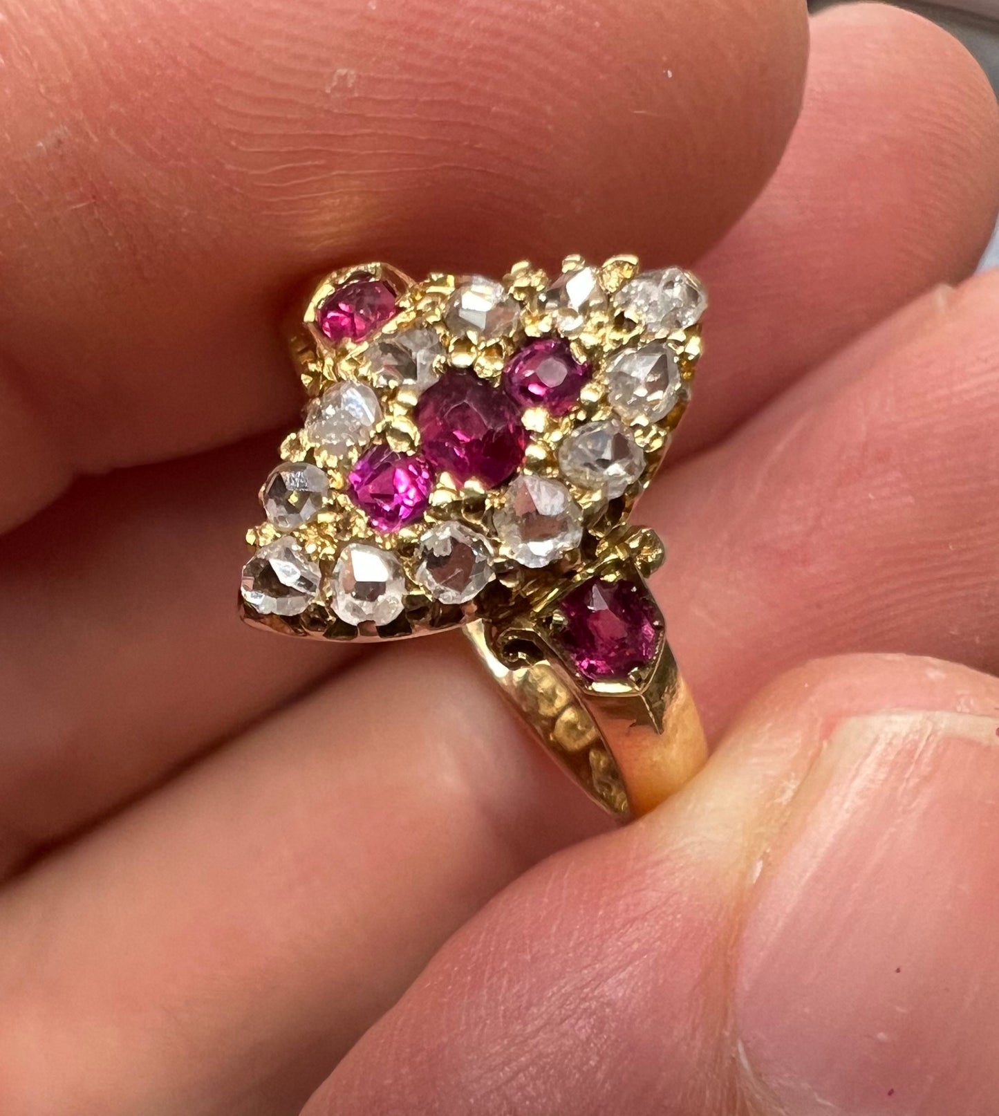 Antique 1892 18ct 750 Gold Ruby & Old Cut Diamond Ring Navette Boat shaped size N
