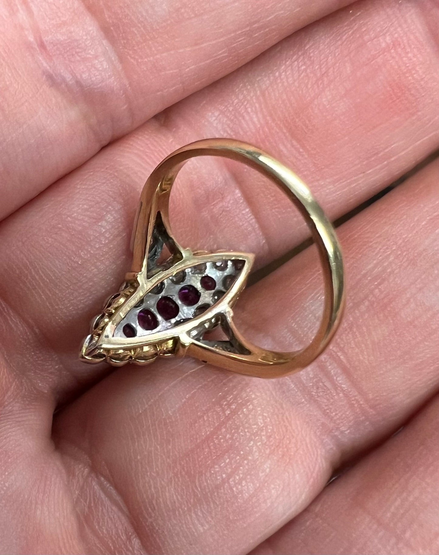 Antique 18ct 750 Gold Ruby & Old Cut Diamond Ring Navette boat shaped Cluster M.5 - N