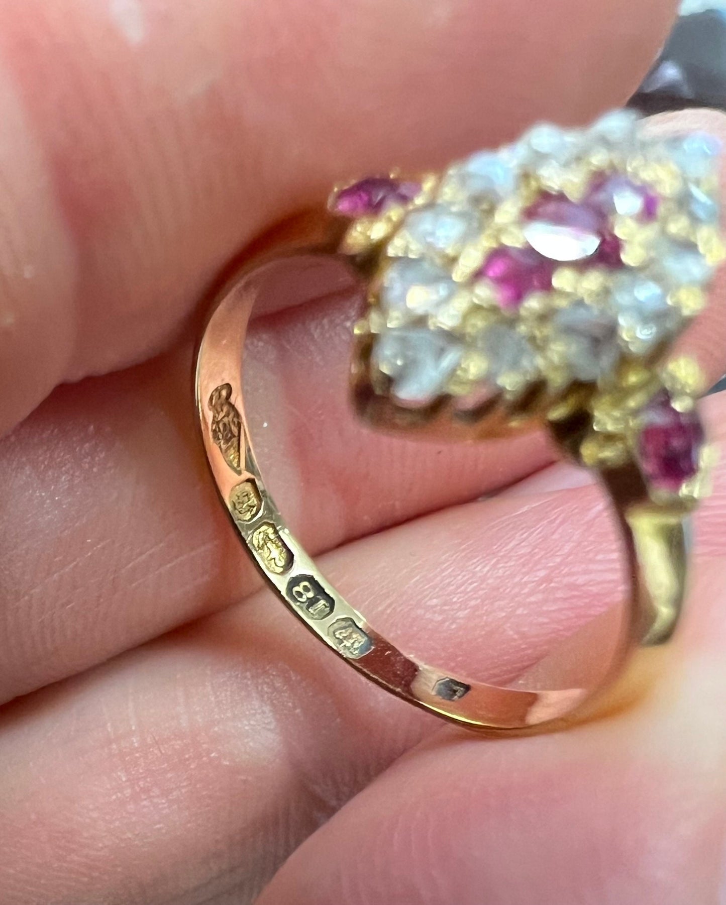 Antique 1892 18ct 750 Gold Ruby & Old Cut Diamond Ring Navette Boat shaped size N