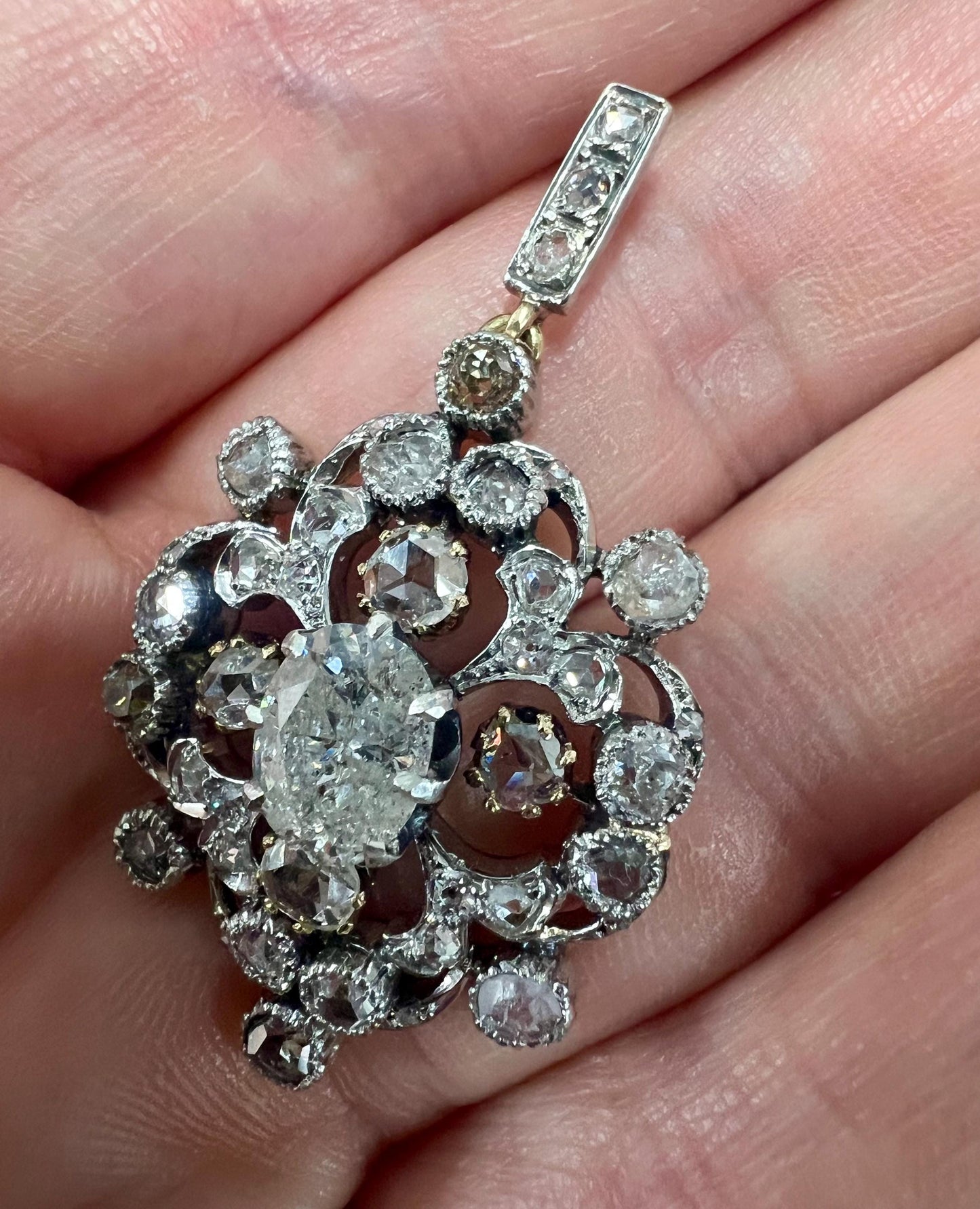 Centre Diamond 1.5ct+ Antique 18ct Gold Rose Old Mine and Brilliant Cut Pendant