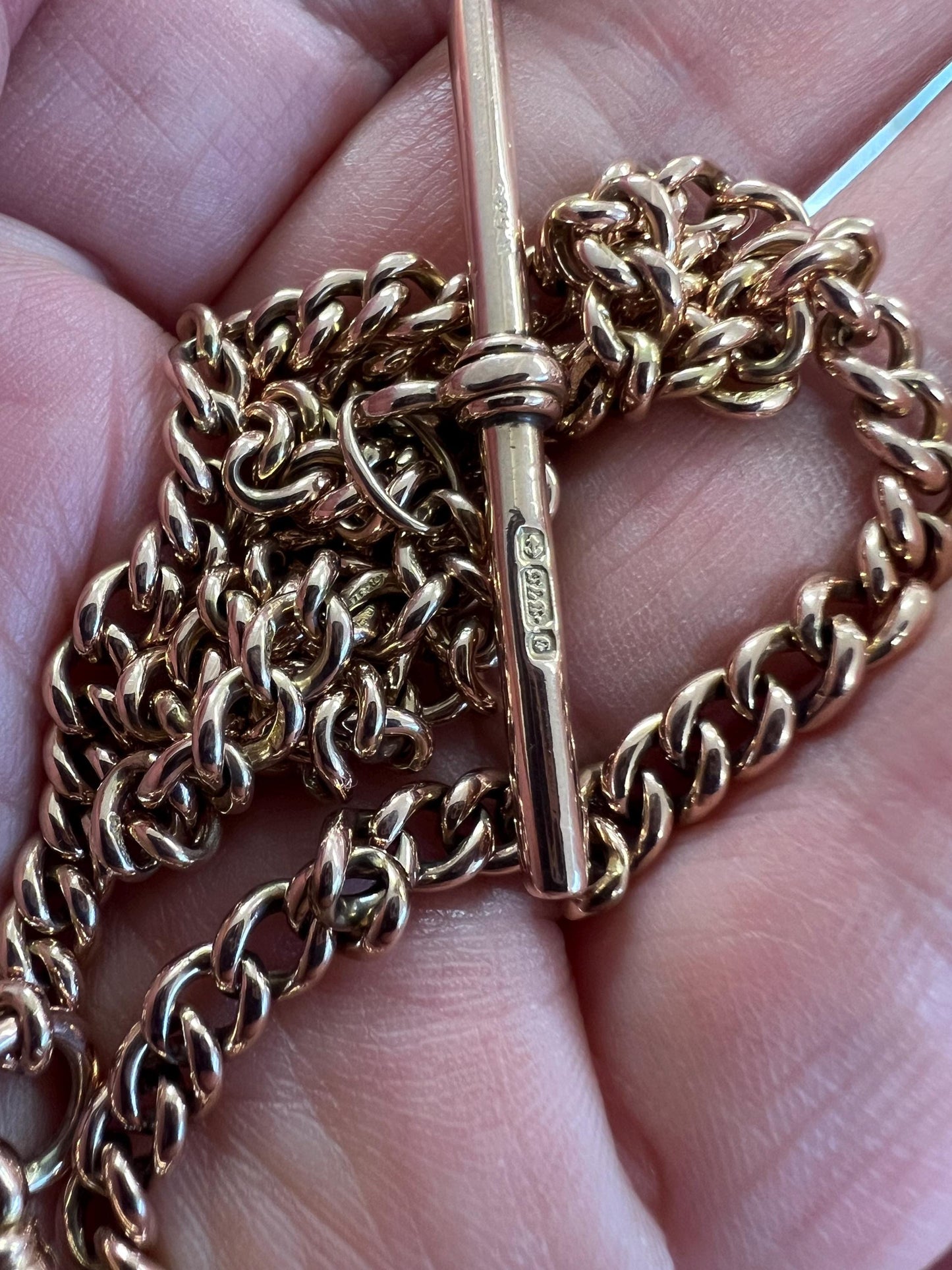 *Reserved - please ask for others* 20” Long Antique 9ct Rose Gold Albert Chain Necklace With Dog Clip & T Bar