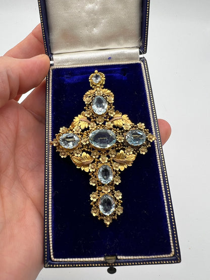 Outstanding William IV Aquamarine Gold Cross Brooch Pendant