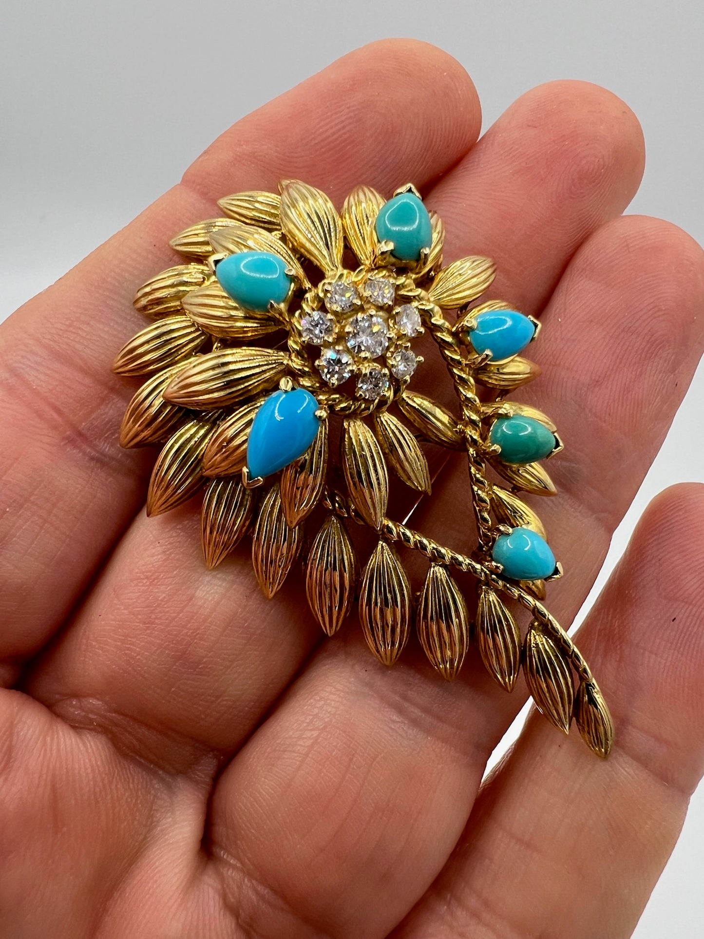 Ben Rosenfeld Heavy 18ct Gold Turquoise Diamond Brooch Pin Mid Century Modern